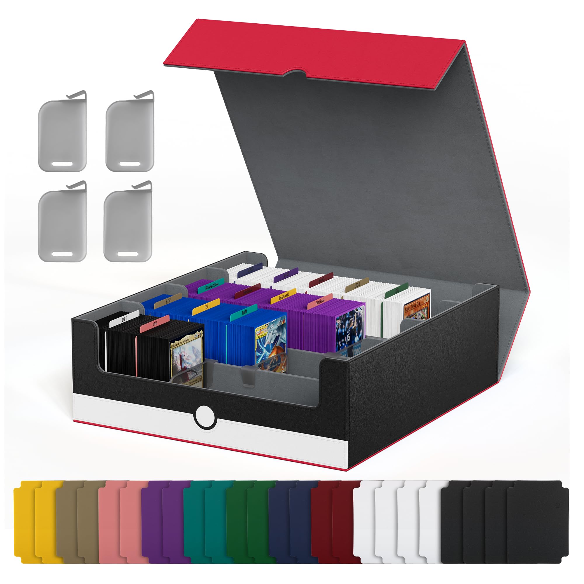 UAONO Caja de almacenamiento de tarjetas para tarjetas intercambiables, más de 2400 MTG Commander con 24 separadores coloridos, funda para tarjetas para juegos deportivos Magic TCG PTCG (rojo y blanco