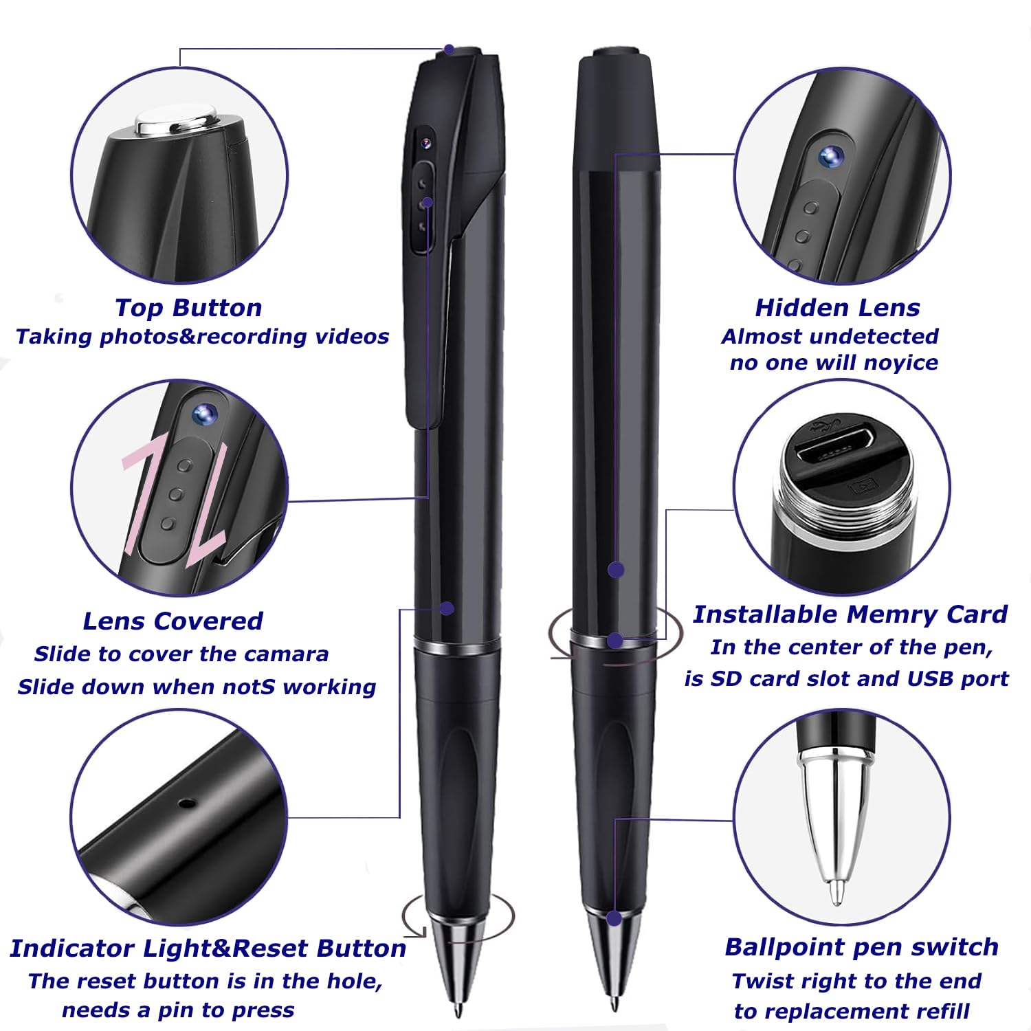 Mini Camera Espion, 1080p HD Caméra Cachée Stylo Mini Caméra de Poche Surveillance Spy Camera avec Enregistrement Vidéo Prise de Photo et 90 Mins d'Autonomie
