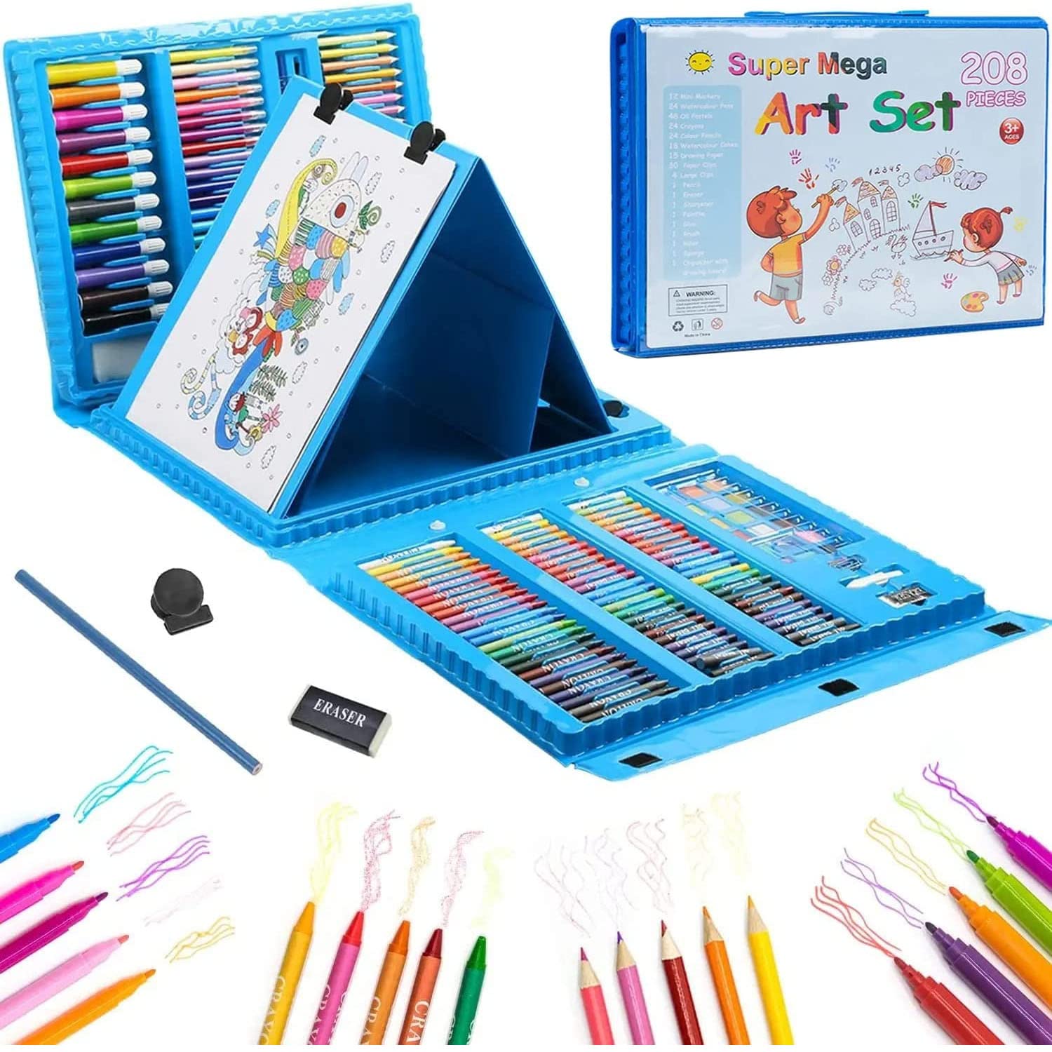 208 Pieces Double Sided Trifold Easel Art Set Portable Art Supplies Drawing Set Box With Oil Pastels Crayons Colored Pencils Markers Paint Brush Sketch Pad For Kids Gift (Blue)