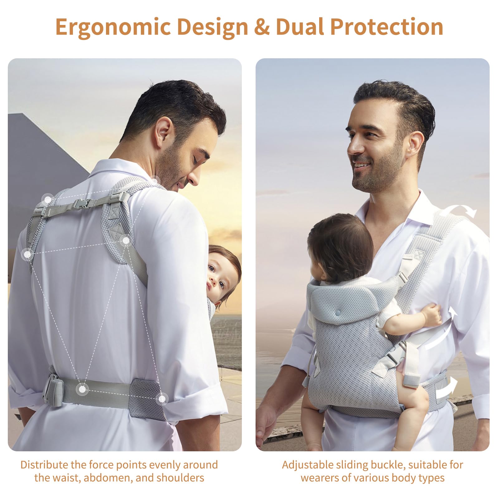 IULONEE Marsupio per Neonati Regolabile Fascia Porta Bebe Ergonomico Baby Carrier Wrap Traspirante Portabebè per Neonato Bambino Front Back Carry per Bebè 3-36 Mesi (Grigio chiaro)