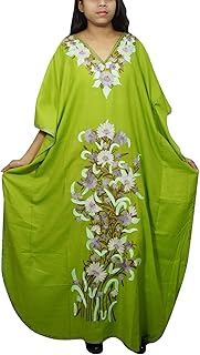 Womens Maxi Caftan Dress Embellished Green Resort Wear Kaftan One Size