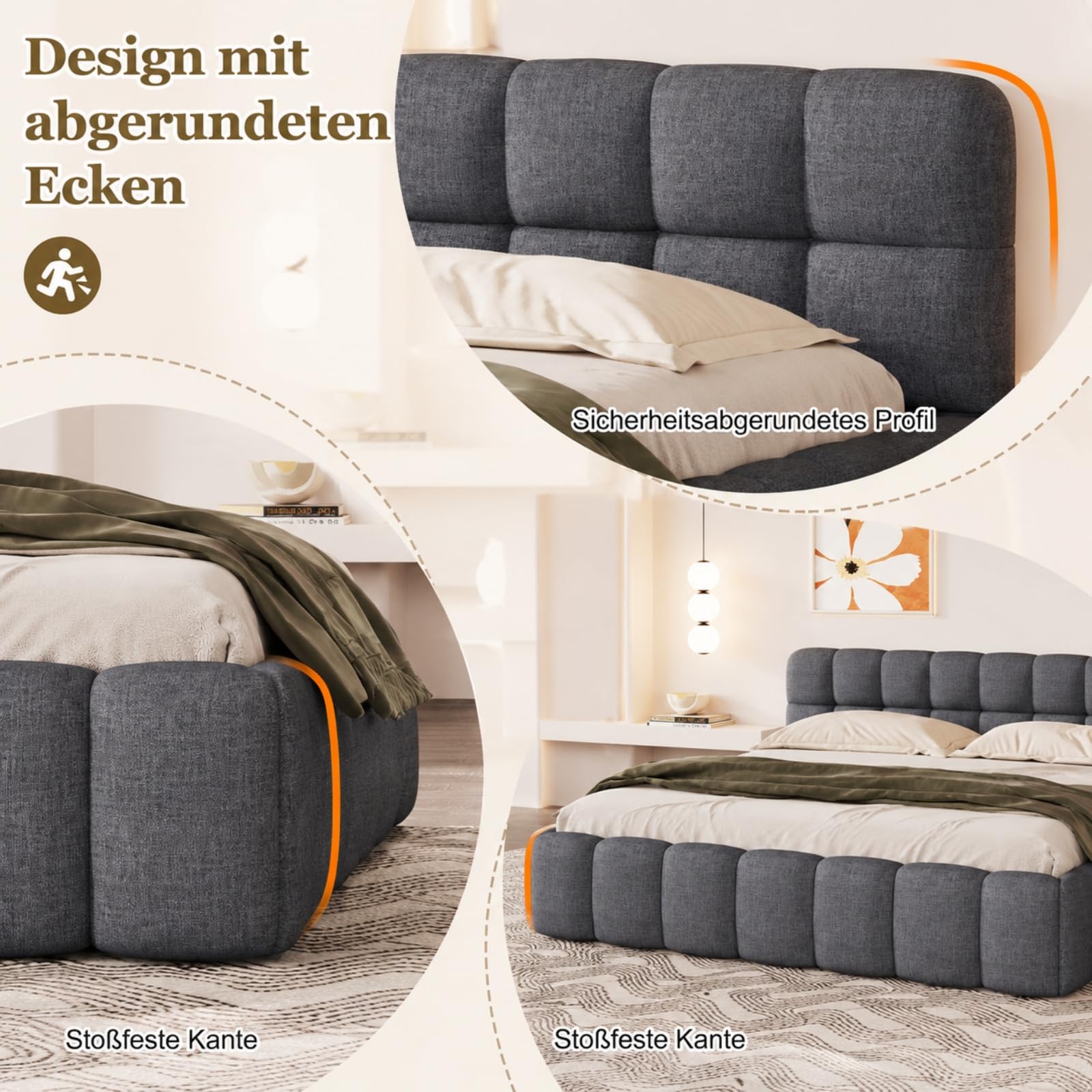 Fofetbfo Polsterbett 140x200, Doppelbett mit Bettkasten, Bubble Bett Jugendbett mit Lattenrost und Gepolstertes Kopfteil, Flachbett Gästebett, Leinen Beige,ohne Matratze (grau, 140x200 cm)
