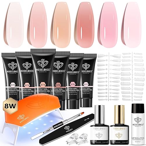 Miniatura 18 de Modelones Kit de gel de uñas de polietileno, gel de extensión de gel nude, blanco, colores franceses con lámpara de uñas, solución deslizante