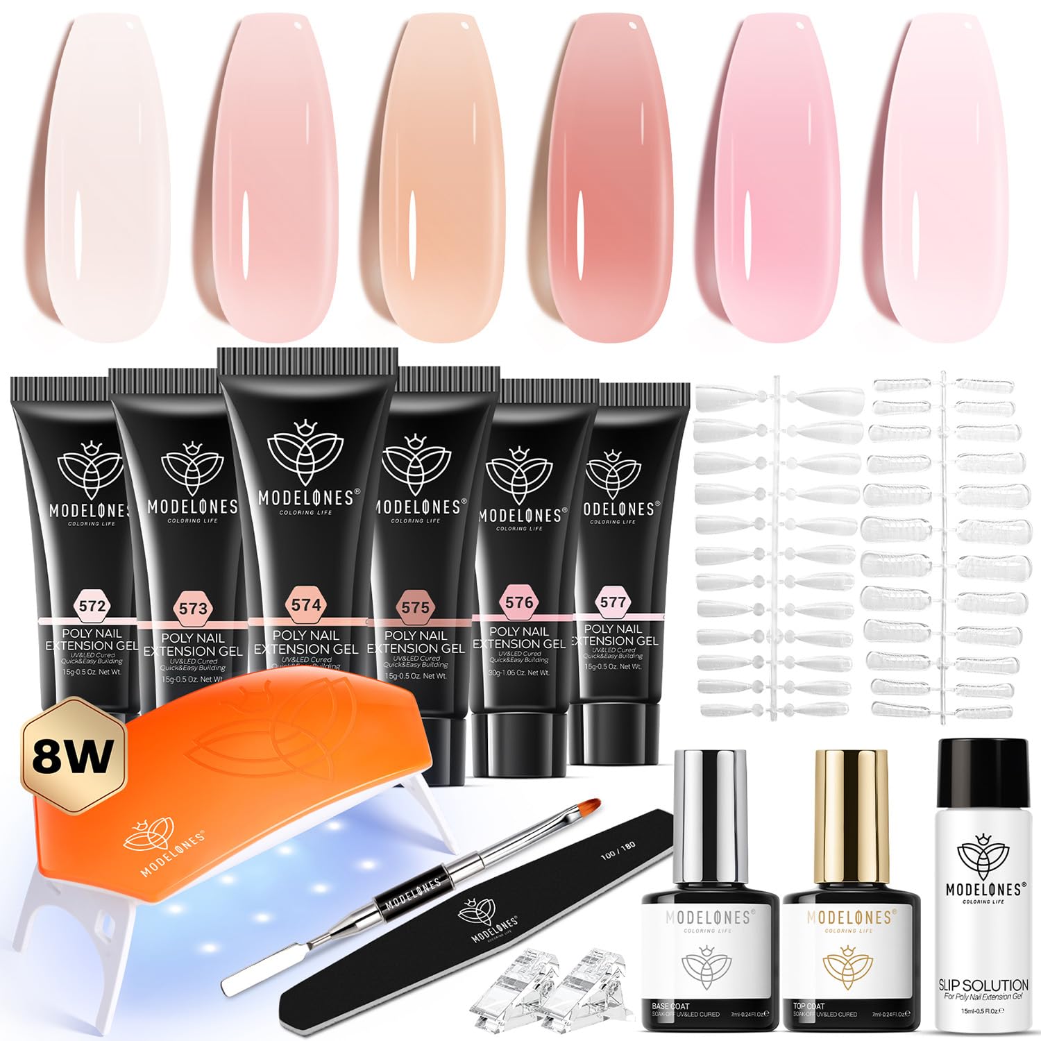modelones Poly Gel Nail Kit 6 Colors with 8 W Nail Lamp Polygel Toenail Kit Extension Gel Kit Jelly Milky White Pink Nude Complete Tools Beginner