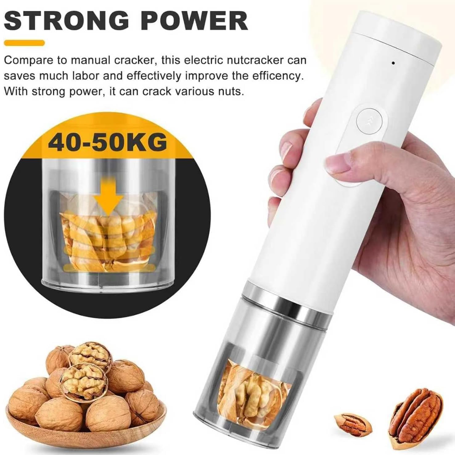 Casse-noix électrique rechargeable par USB, fonctionnement à un bouton, design anti-éclaboussures, pour noix, noix de pécan, noisettes, résistance de 40 à 50 kg