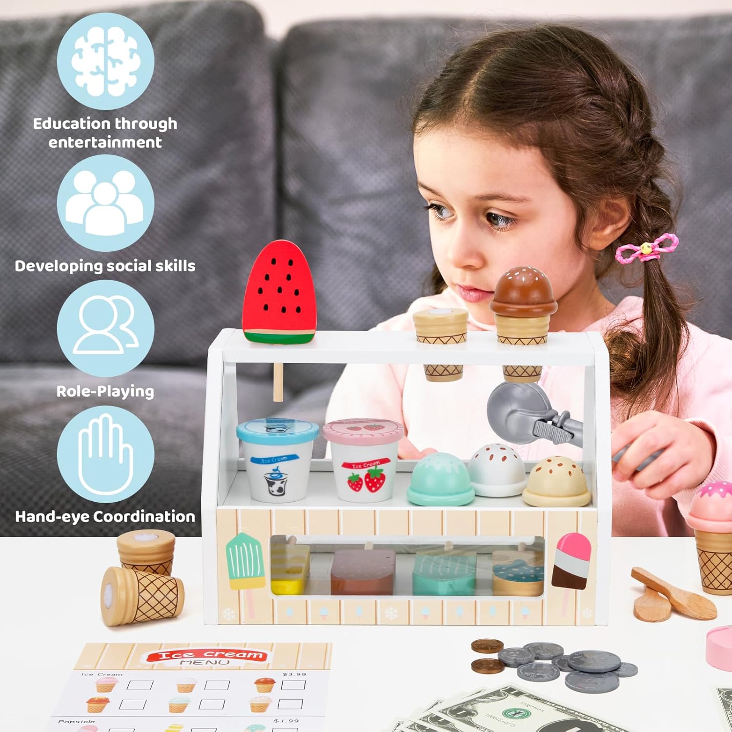 ZJEFUNS Wooden Ice Cream Toys for Kids Ice Cream Counter Shop for Toddlers Pretend Play Food Scoop and Serve with Scoop & Menu & Fake Money for Boys and Girls Ages 3 4 5 6 (Beige)