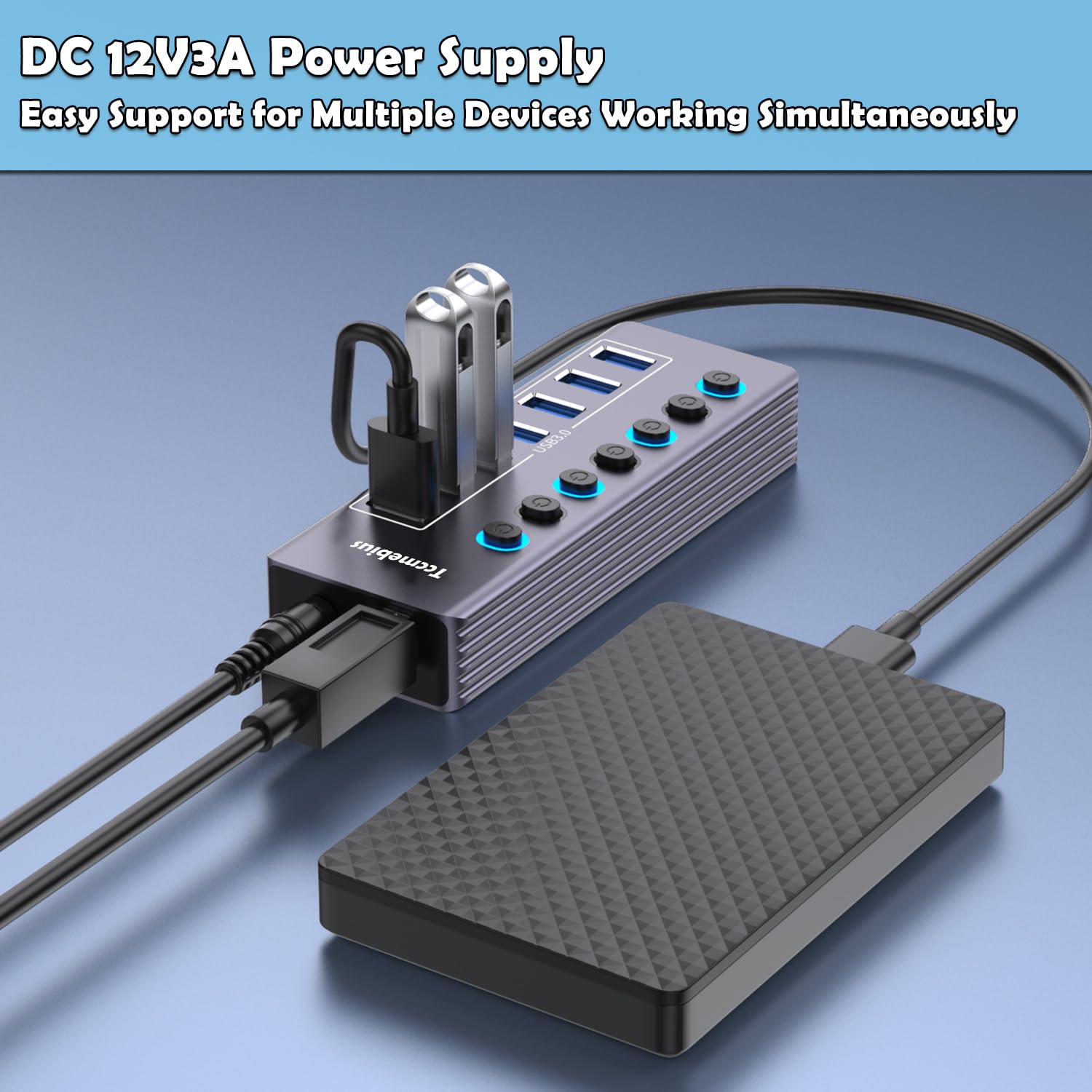 Aktywny Koncentrator USB, Aluminiowy 7-Portowy USB 3.0 Hub Transferu 5Gbps z Indywidualnym Przełącznikiem LED, Zasilaczem 36W(12V/3A), 100CM 2-w-1 (USB A/C) Transmisji Danych (TCC-T307U)
