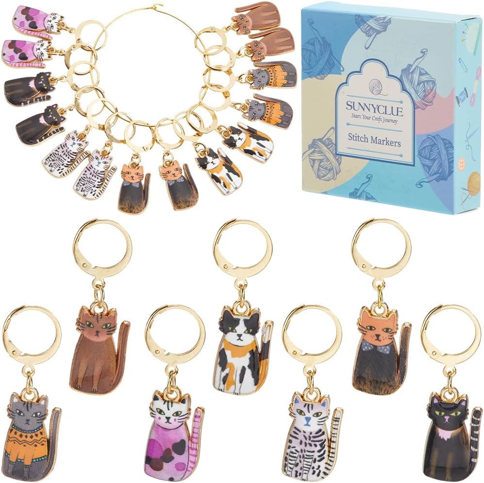 SUNNYCLUE 1 Box 21Pcs Cat Stitch Markers Crochet Markers Animal Bulk Metal Enamel Printed Cats Kawaii Knit Gold Clasp Ring Knitting Charms for Jewelry Making Charms Crafts Supplies Accessories Women