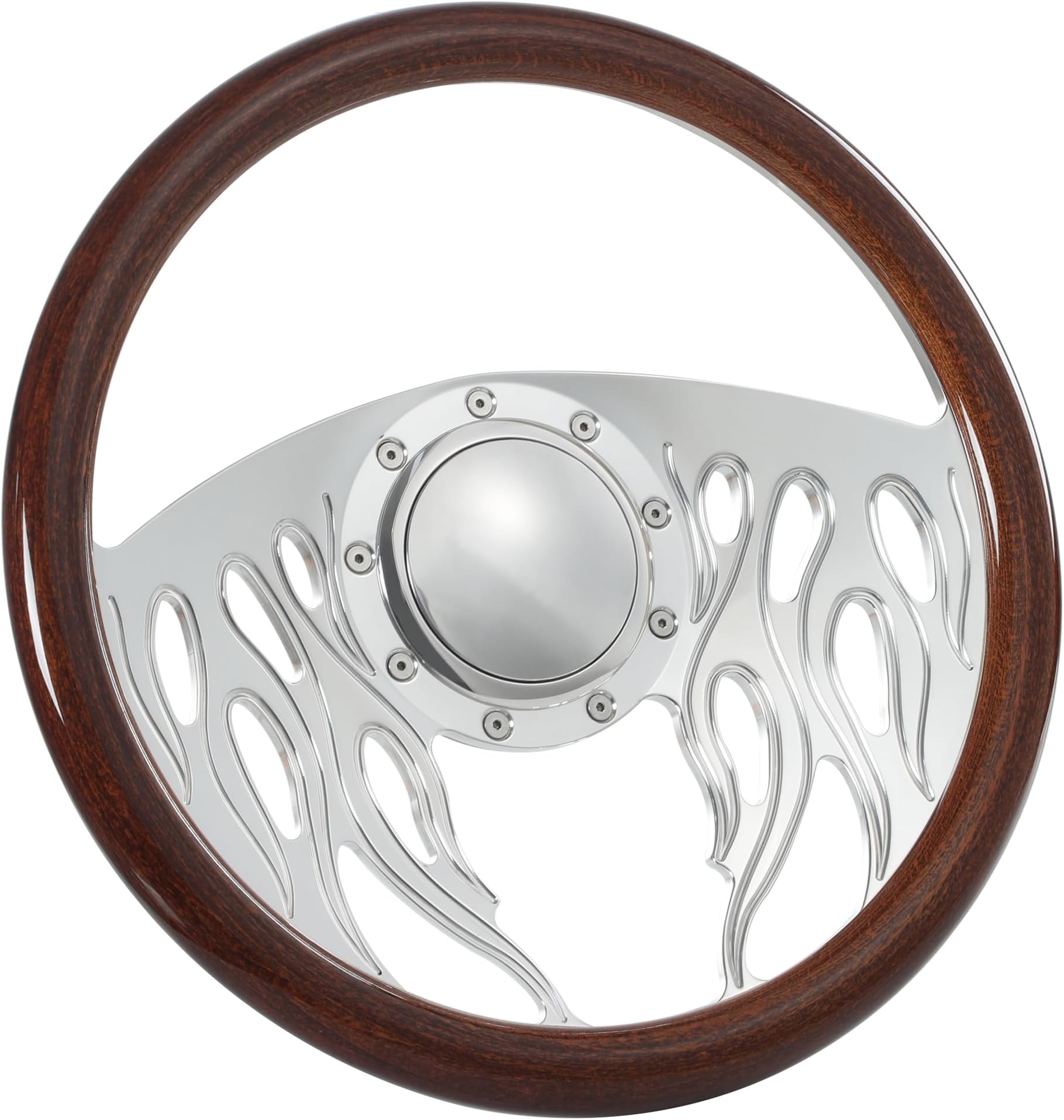 Flashpower 14'' Billet Flame Half Wrap 9 Bolts Steering Wheel with 2'' Dish and Horn Button (Walnut Wood)