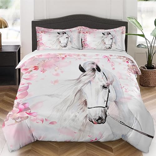 WeCozy Juego de funda de edredón de tamaño individual con funda de almohada, juego de ropa de cama de primavera de caballo con cierre de cremallera