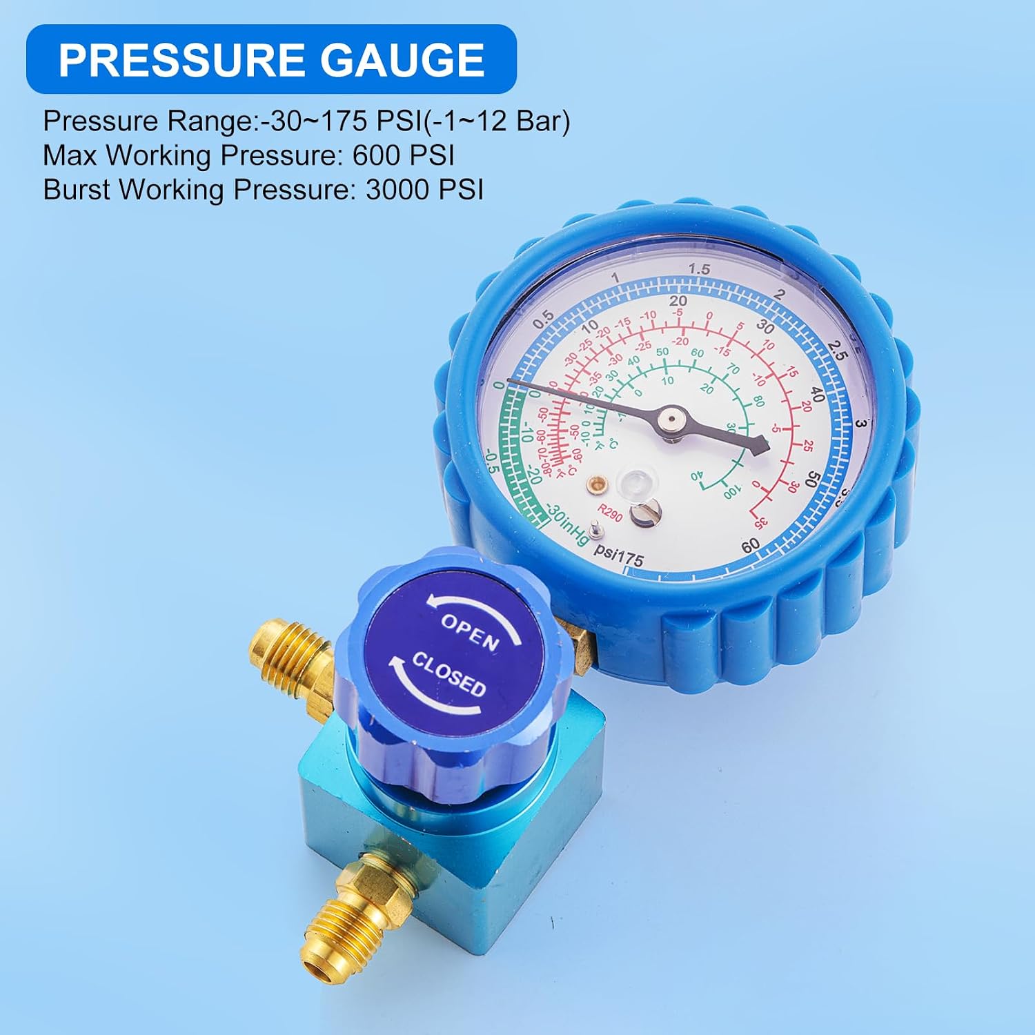 R290 and R600A Charging Manifold Hose Kit with Single Gauge, Self-Sealing Can Tap 7/16 to 1/4, Punture Can Opener 1/2 RH Acme to 1/4, 2PC R600A Charging Hose 600-3000PSI