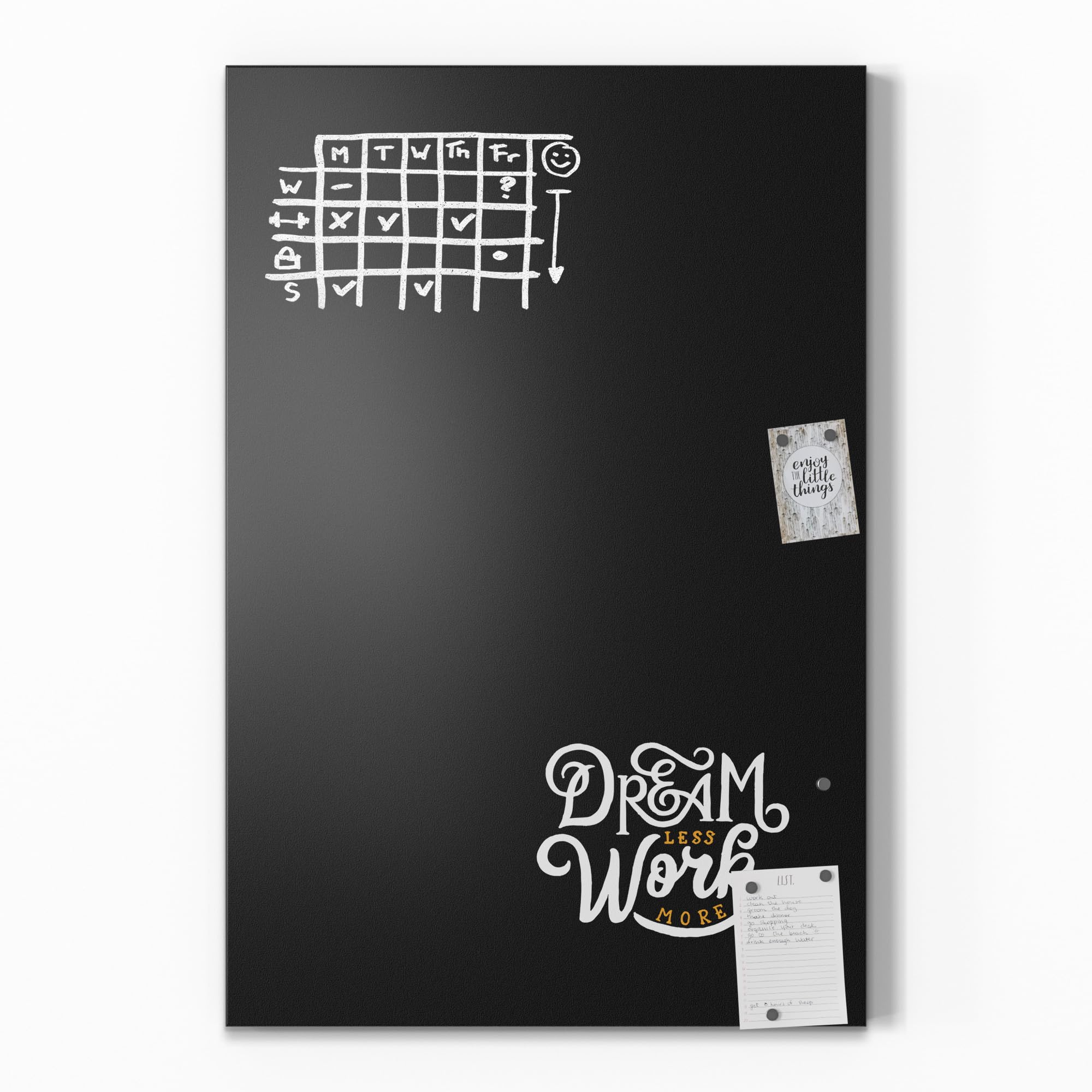 DEQORI Magnetyczna tablica do pisania kredą z nadrukiem UV | motyw "Czyny zamiast snów" | prostokątna tablica o wymiarach 60 x 90 cm | metalowa tablica kredowa do pisania – dekoracja ścienna do kuchni