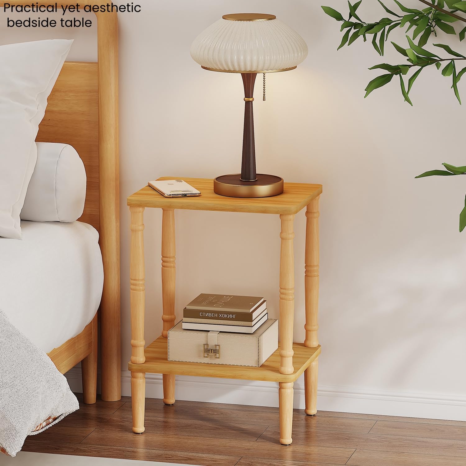 LUCKNOCK Small Side Table for Small Spaces, Vintage End Table, Narrow Couch Side Table with Storage, Skinny Nightstand Bedside Table for Bedroom, Living Room, Farmhouse, No-Tool Assembly. (Natural)