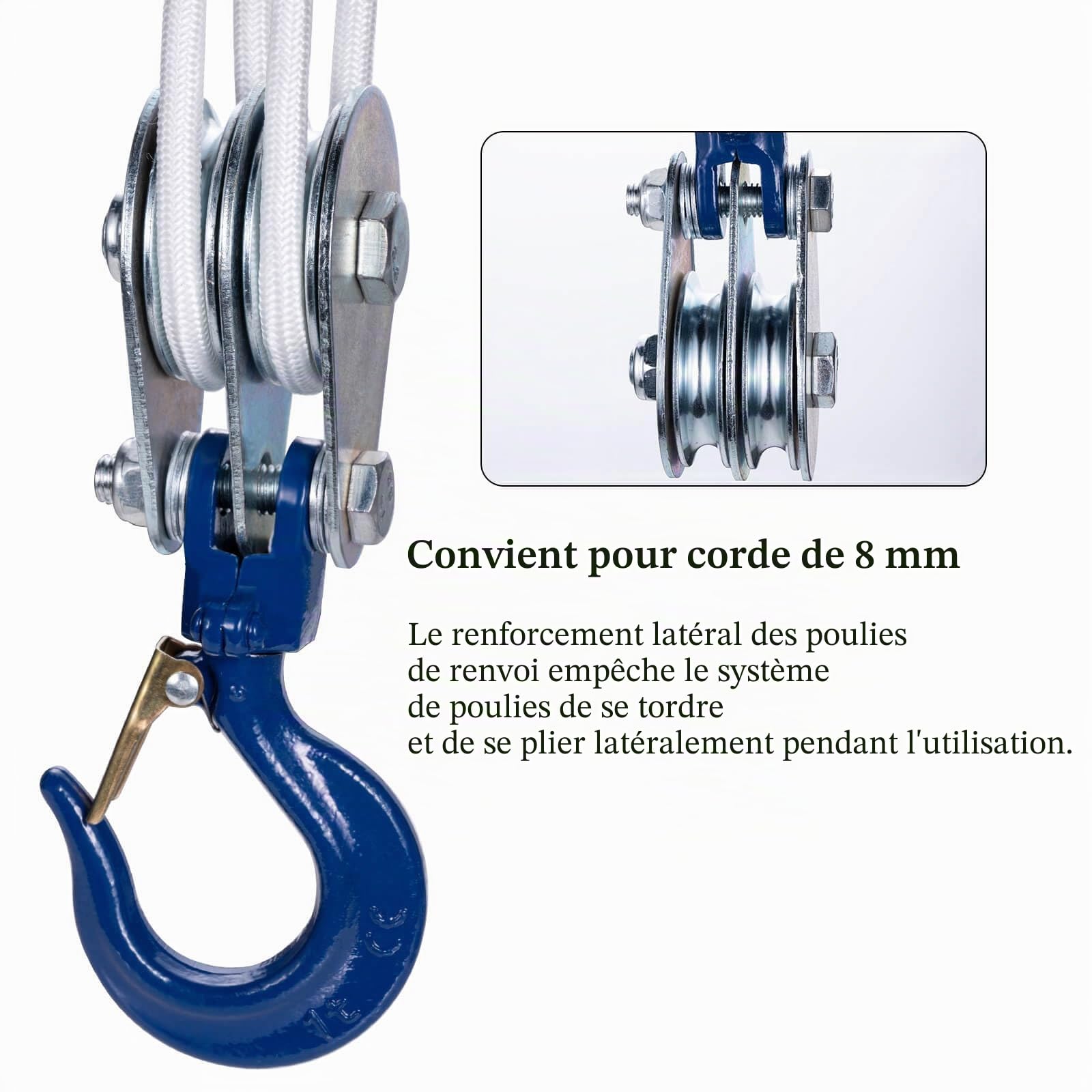 Poulie double 1 ton avec roulement à billes et crochet, poulie de renvoi pour cordes de 10 mm, pour accessoires forestiers, treuil 1 pièce