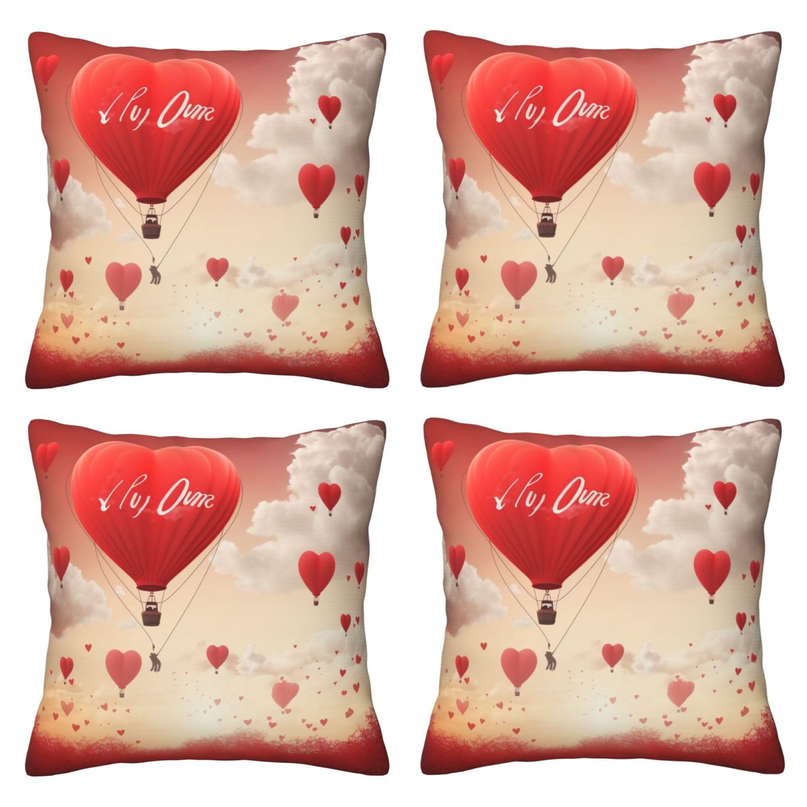 Romantic Heart Balloon Throw Pillow Cases 4 Pack Square Pillowcases Super Soft Pillow Protectors With Zipper for Couch Livingroom Sofa Bed Office Car,50x50 CM