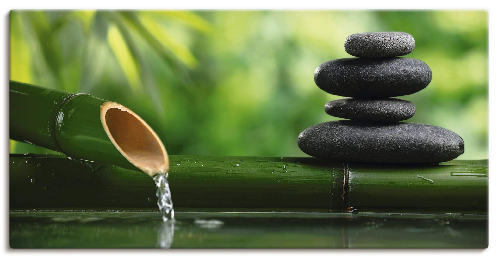 ARTLAND Wanddeko Leinwand Bilder Wandbild 100x50 cm Wellness Zen Stein Fotografie Grün Bambusbrunnen und Zen-Stein S5YF