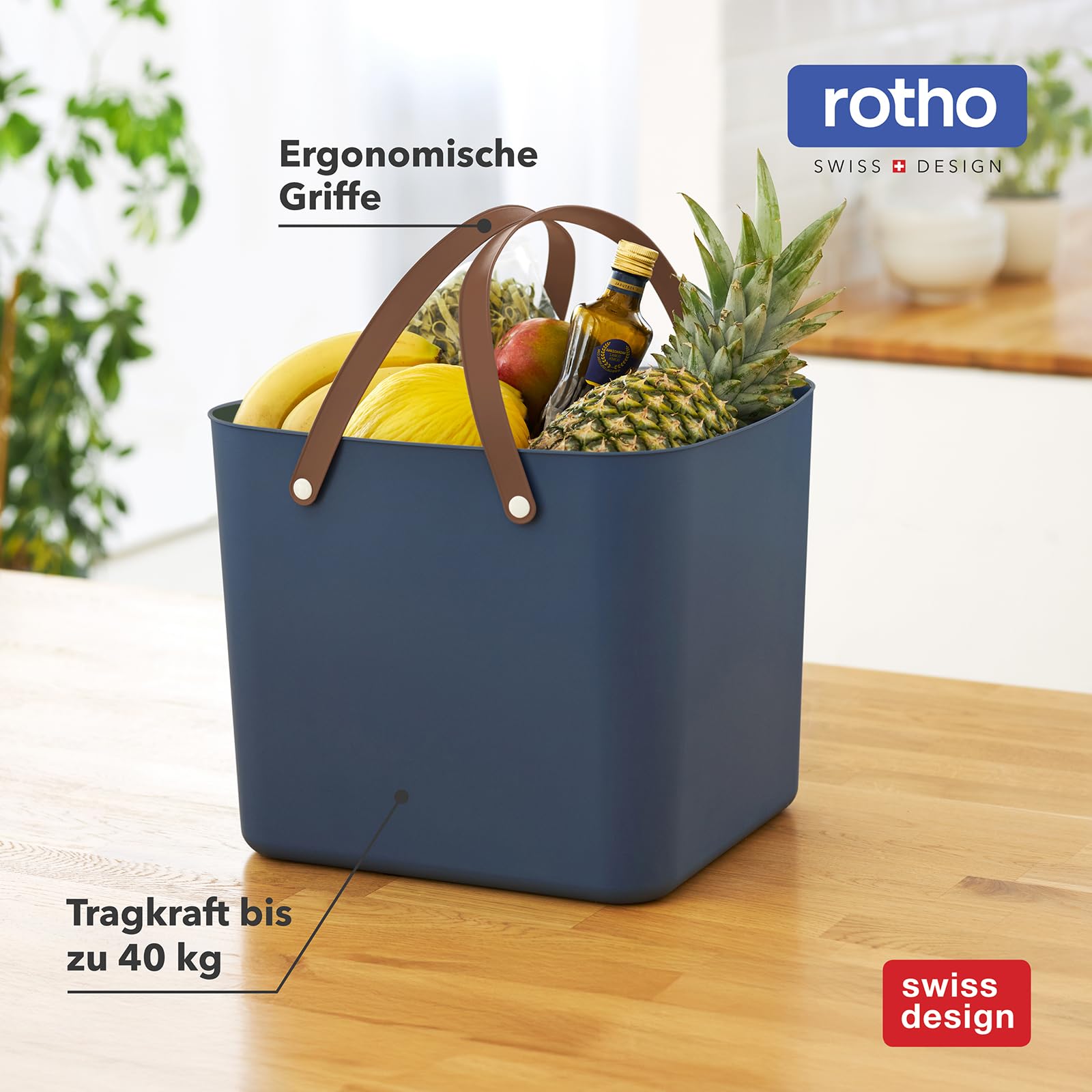 Rotho Albula Cesta de Compra Grande, 40 L / 40 kg, Plástico Reciclado, Azul Marino con Asas Estilo Cuero - Maletero, Jardín, Picnic, Almacenamiento