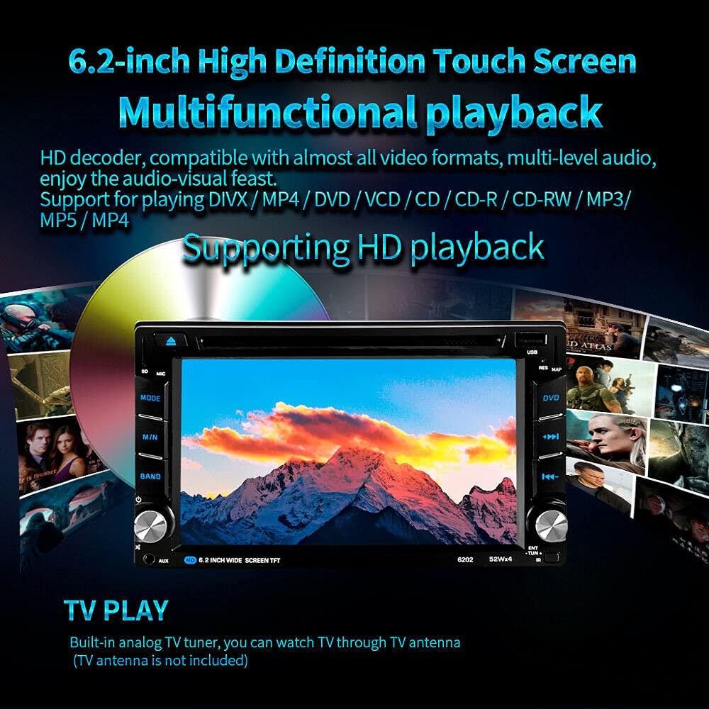 Riloer Doppio lettore DVD portatile per auto, con touchscreen digitale HD da 6,2 pollici, antenna stereo, Bluetooth integrato, microfono, chiamate in vivavoce, navigazione GPS