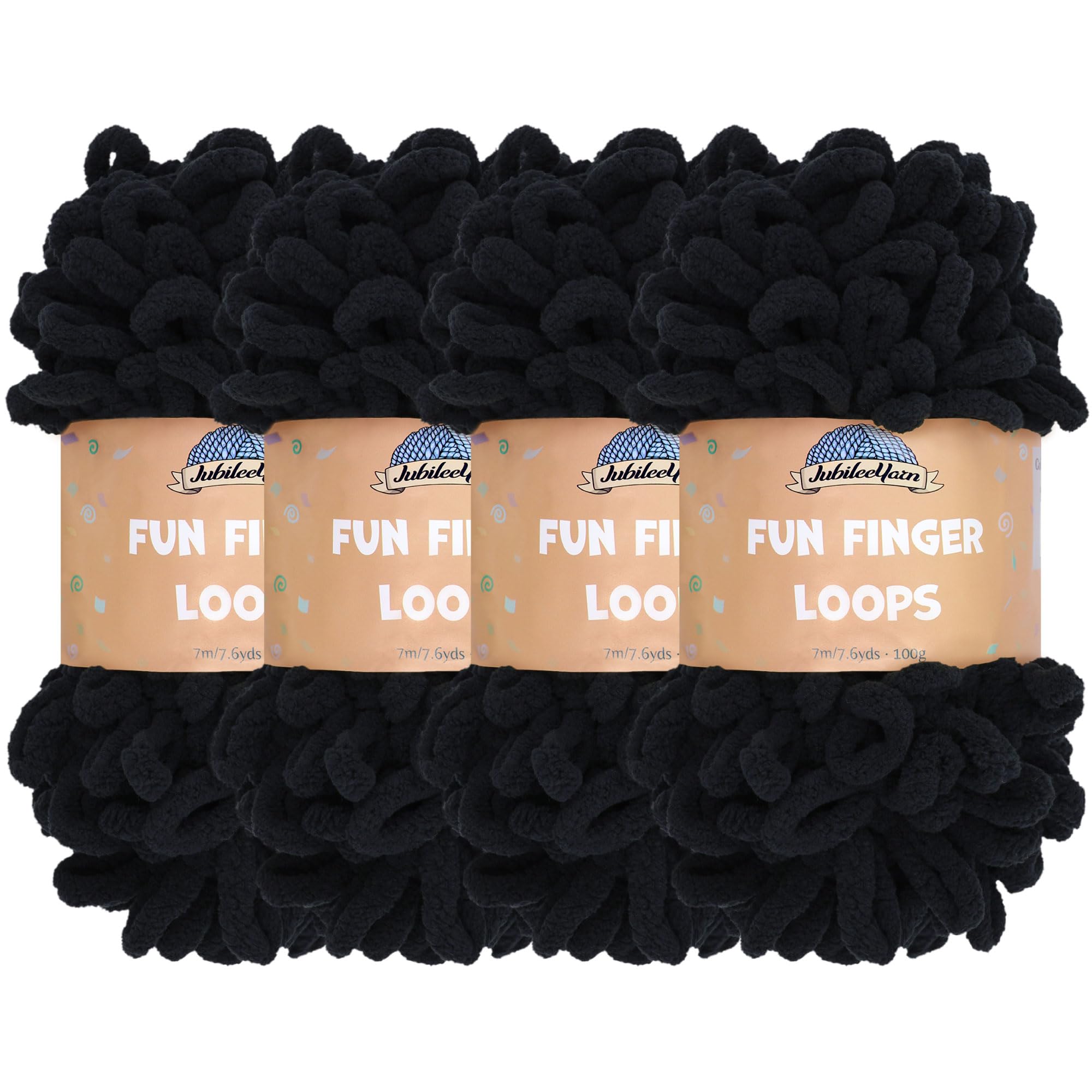 Jubileeyarn Fun Finger Loops, Gomitolo Di Filato Ad Anelli Jumbo, In Poliestere, Da Intrecciare Con Le Dita, 100 G/Matassa, Nero, 4 Pezzi-image