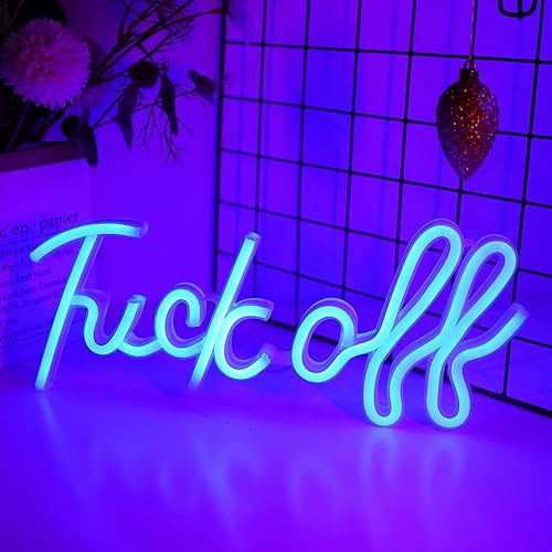 WIOSOUL Letreros de neón con texto en inglés "Fuck Off", letras azules para decoración de pared, palabras, letrero de barra de neón, letrero de