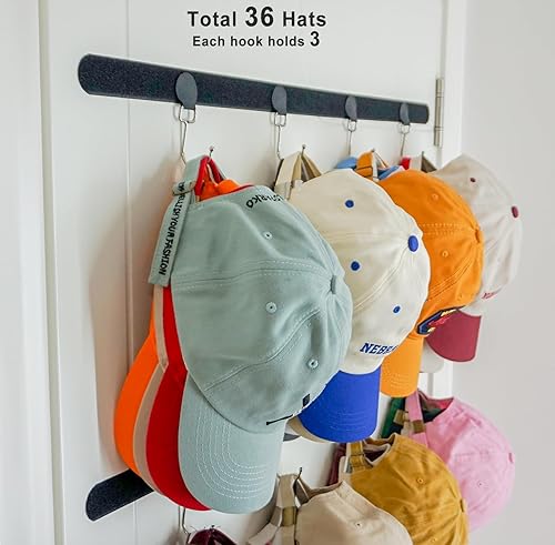 Miniatura 2 de Organizador de gorras de béisbol, con capacidad para hasta 36 gorras, ganchos de metal fuertes, montaje versátil, diseño anticaídas, ahorro de