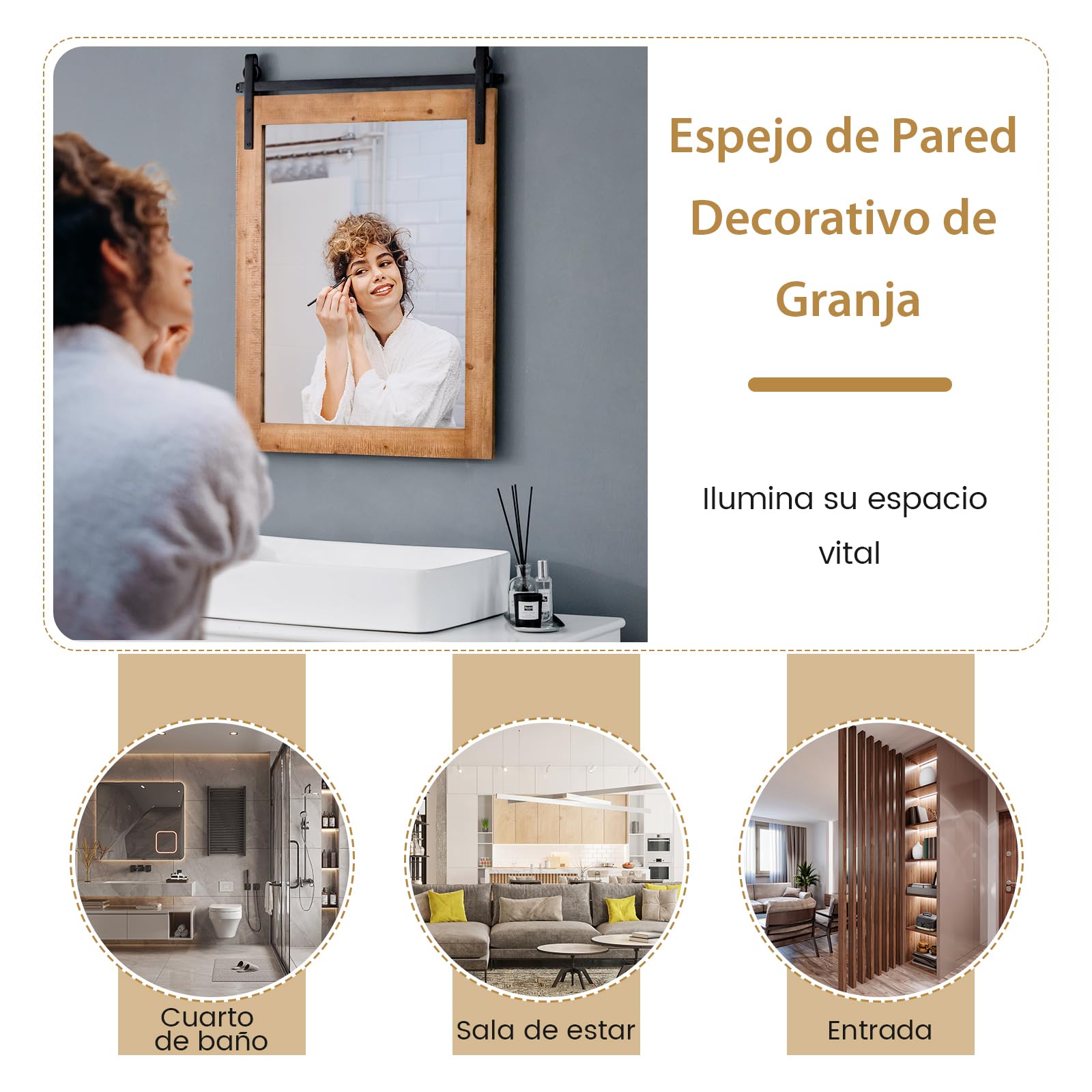 COSTWAY Espejo de Pared Estilo Farmhouse, Espejo con Marco de Madera y Soporte de Metal, 76 x 56 cm Rectángulo Rústico y Decorativo para el Pasillo, Sala de Estar, Dormitorio (Marrón)