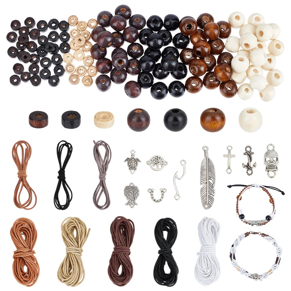 PH PandaHall 158pcs Rosary Jewellery Making Kit 10mm Wood Beads Cross Pendant Tree of Life Charms Skeleton Pendant Sea Turtle Link with 8 Styles Thread for Ramadan Easter Bracelets Making Craft