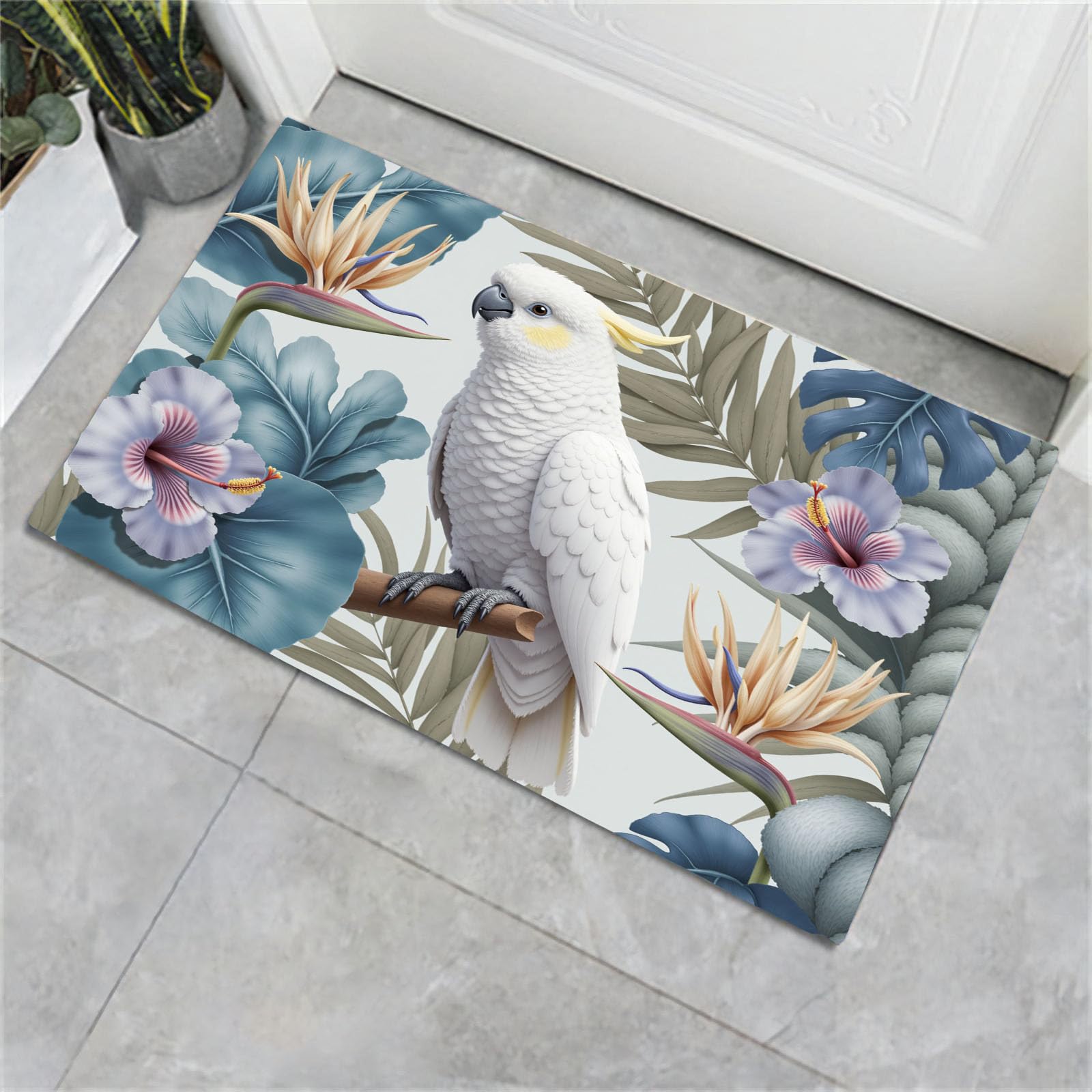 Paillasson perroquet naturel bleu-vert 60x90 cm lavable antidérapant