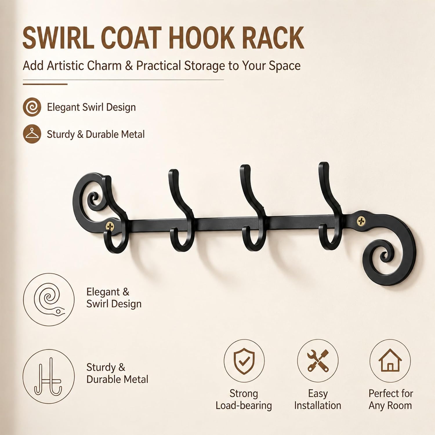 Key Holder for Wall, Swirl Decorative Wall Mount Rack for Entryway, 1 Pcs