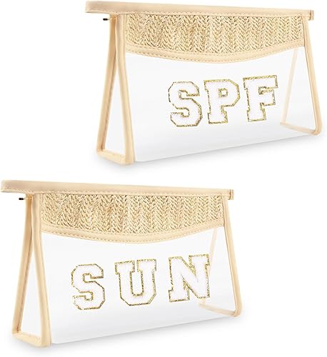 Miniatura 1 de UIXIZQ Pequeñas bolsas de maquillaje transparentes de paja bohemia para mujeres y niñas, bolsa de cosméticos con cremallera de chenilla, bolsa de