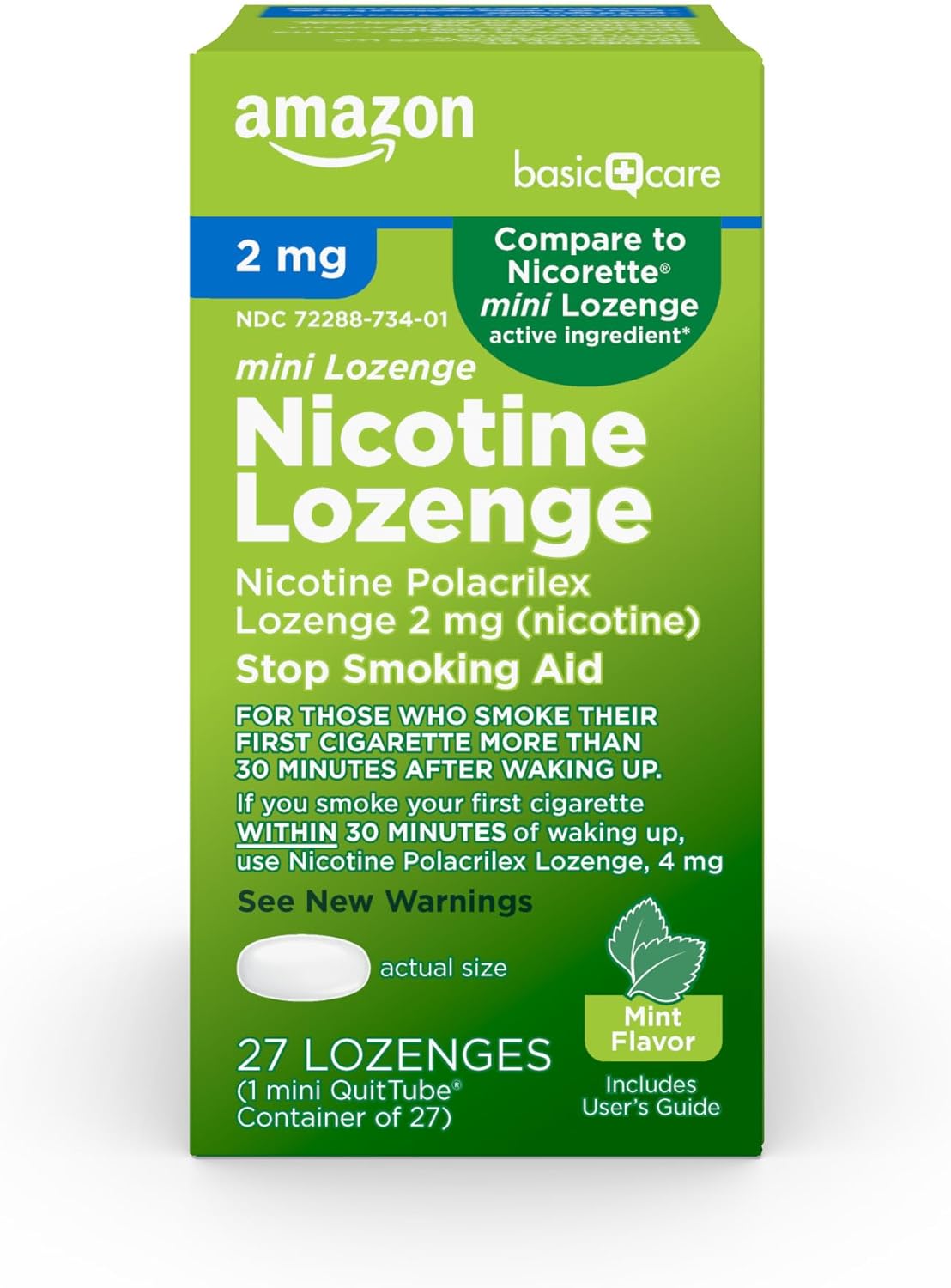 Amazon Basic Care Mini Nicotine Polacrilex Lozenge, 2 mg (Nicotine), Stop Smoking Aid, Mint Flavor; Quit Smoking with Mint Nicotine Lozenge, 27 Count Mint 27 Count (Pack of 1)