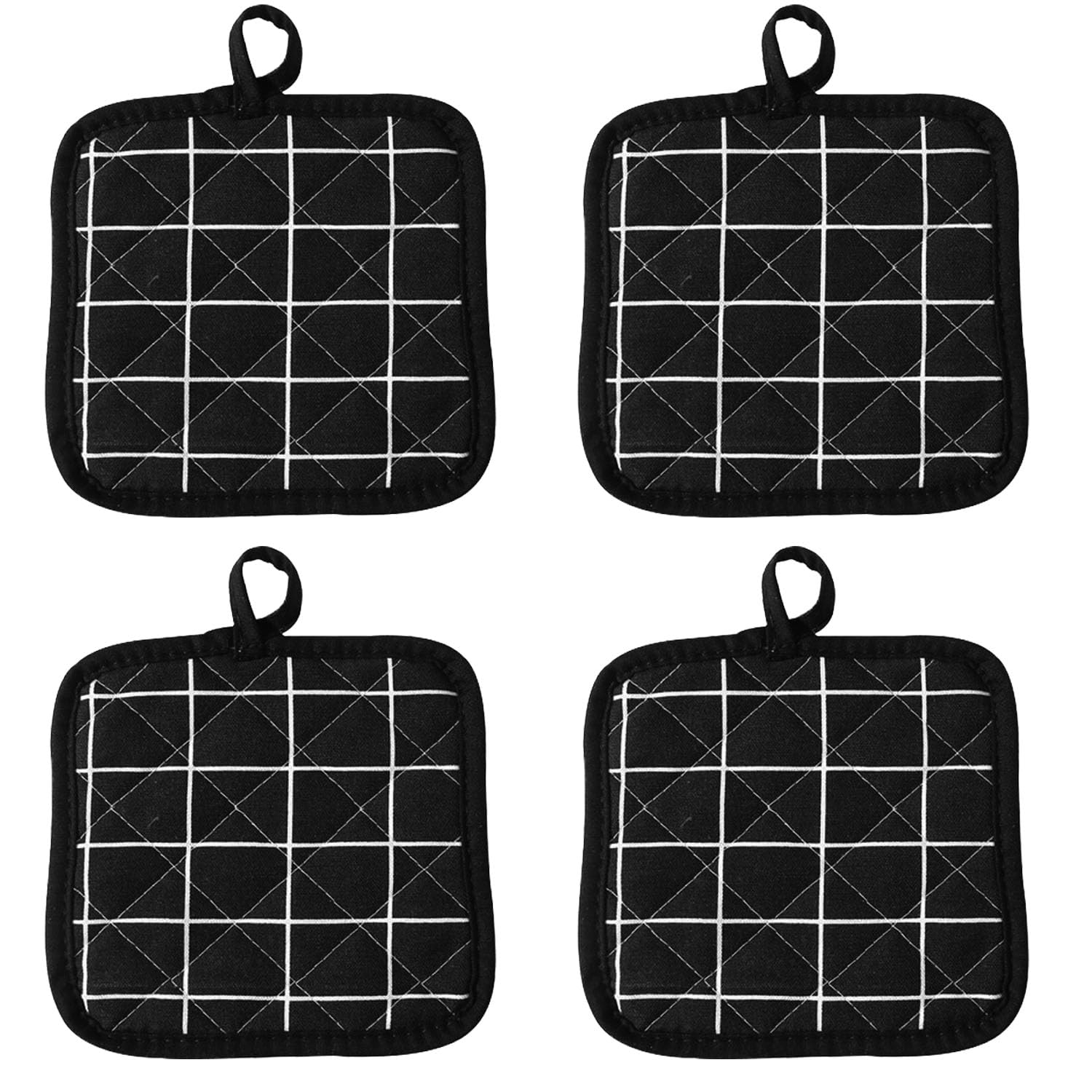 4 PCS Cotton Heat Resistant Pot Holders, Square Oven Microwave Potholders, Pot Holder Hot Pads, Oven Mitts Set, Heat Resistant Potholders, for Table Bowl Cup Kitchen Cooking Baking (Black)