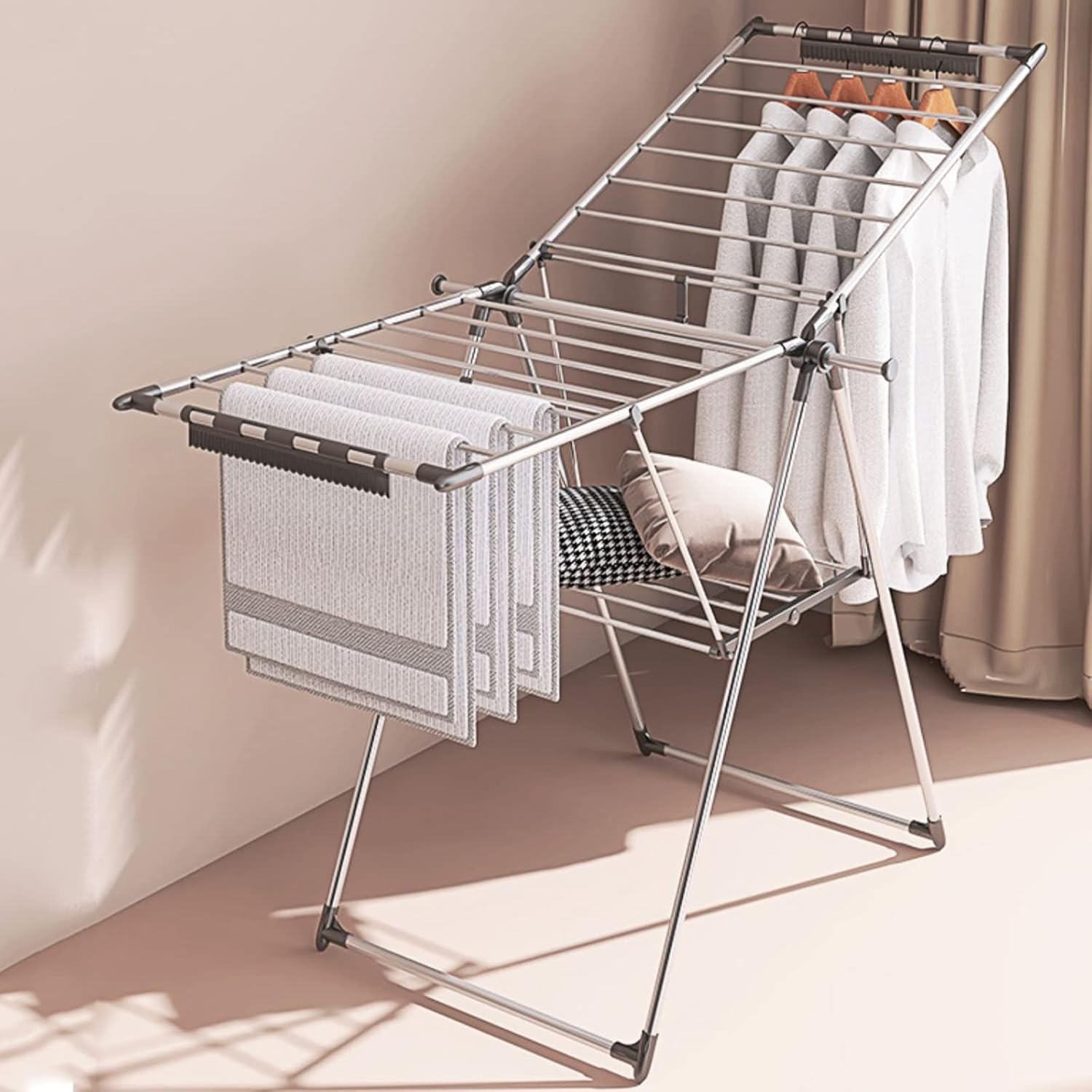 Heavy Duty Stainless Steel Clothes Airer - Foldable Portable Laundry Drying Rack, Space Saving, Extendable Adjustable Double Wing Dryer, Silver Clothes Horse
