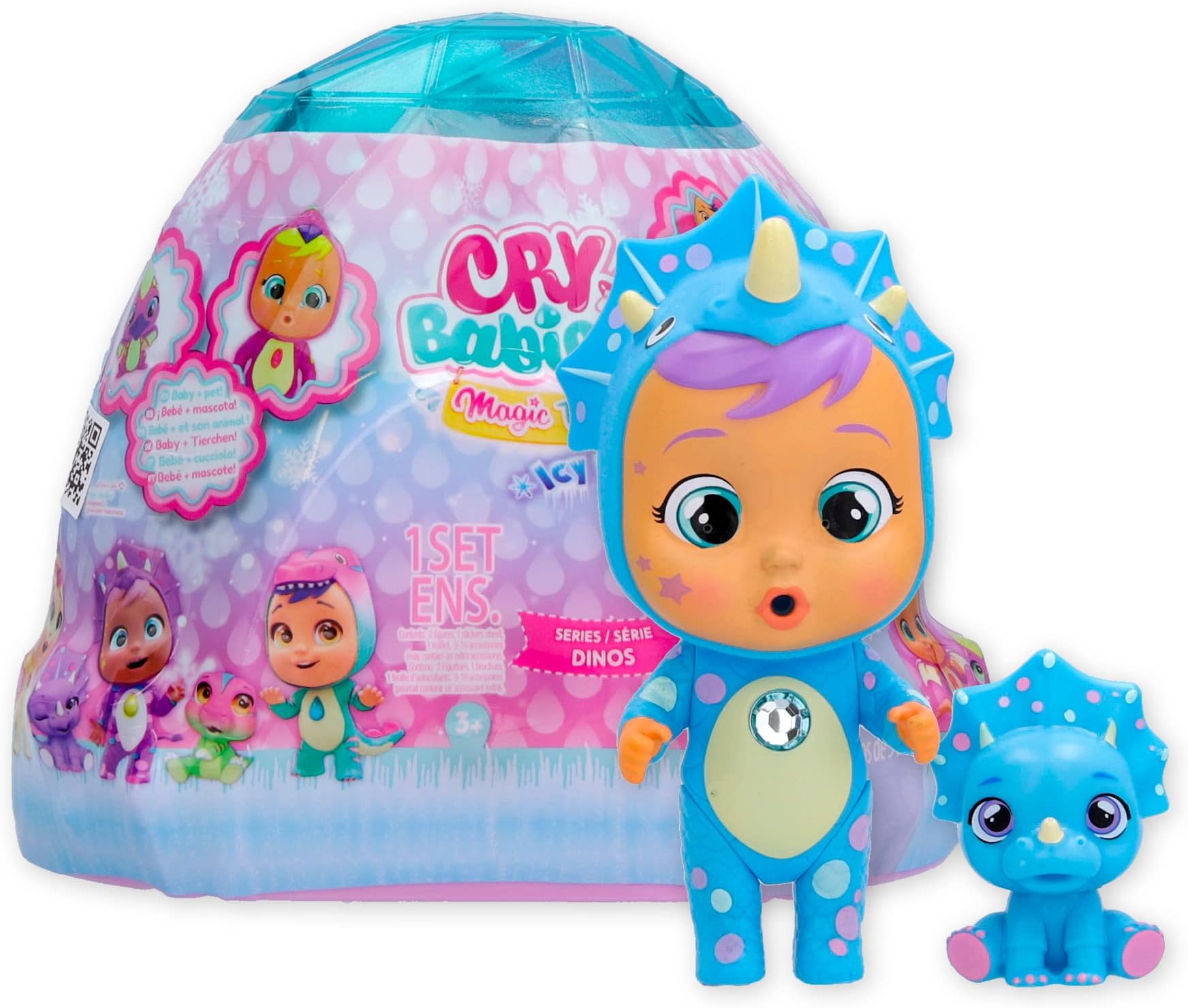 Cry Babies Magic Tears ICY World - Dino Series | 10+ Surprises Including Doll, Dinosaur Pet and Accessories - Great Gifts for Kids Ages 3+