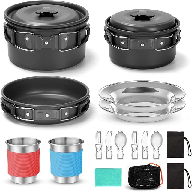 Odoland Camping Cookware Kit with Folding Camping Stove, Non-Stick Lightweight Pots Pan Set with Stainless Steel Cups Plates Forks Knives Spoons for Camping, Outdoor Cooking and Picnic