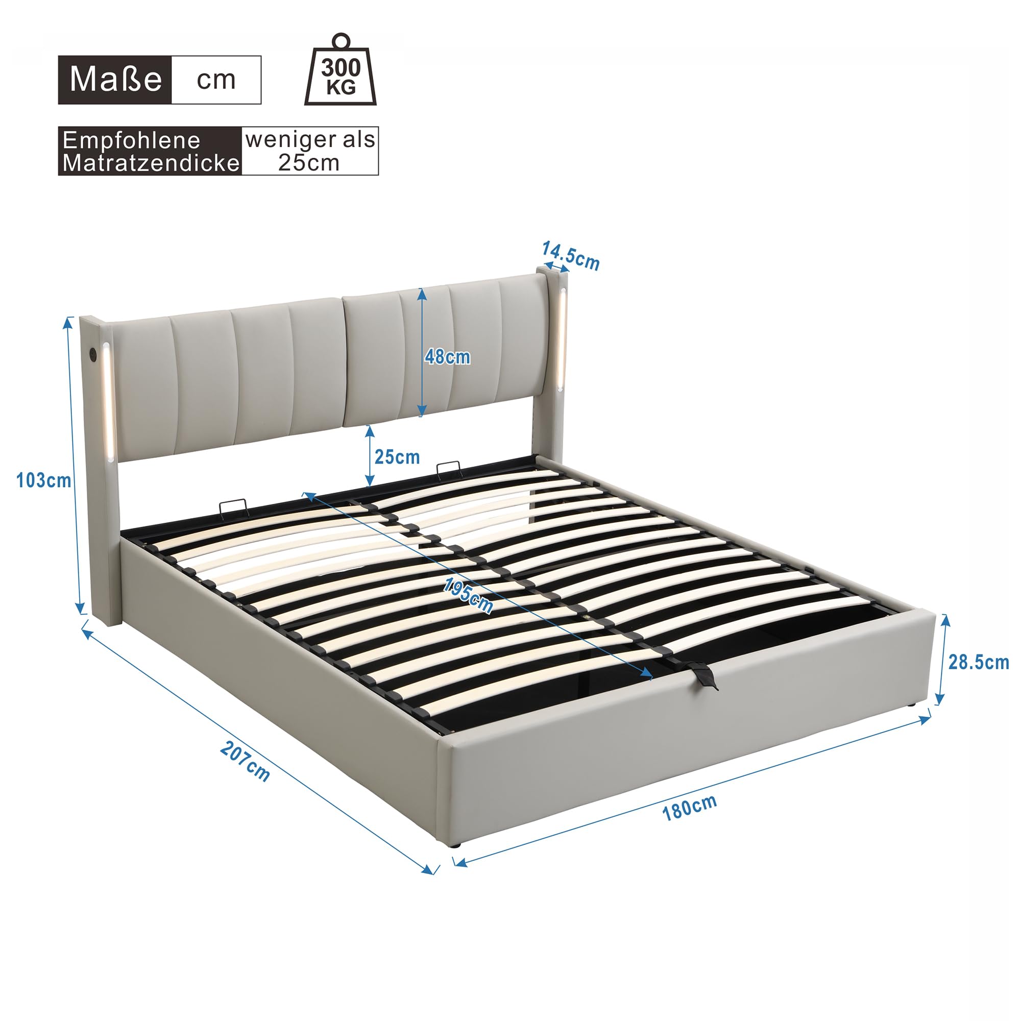 Gestoffeerd bed met opbergruimte - 180x200 cm - beige - waterafstotende