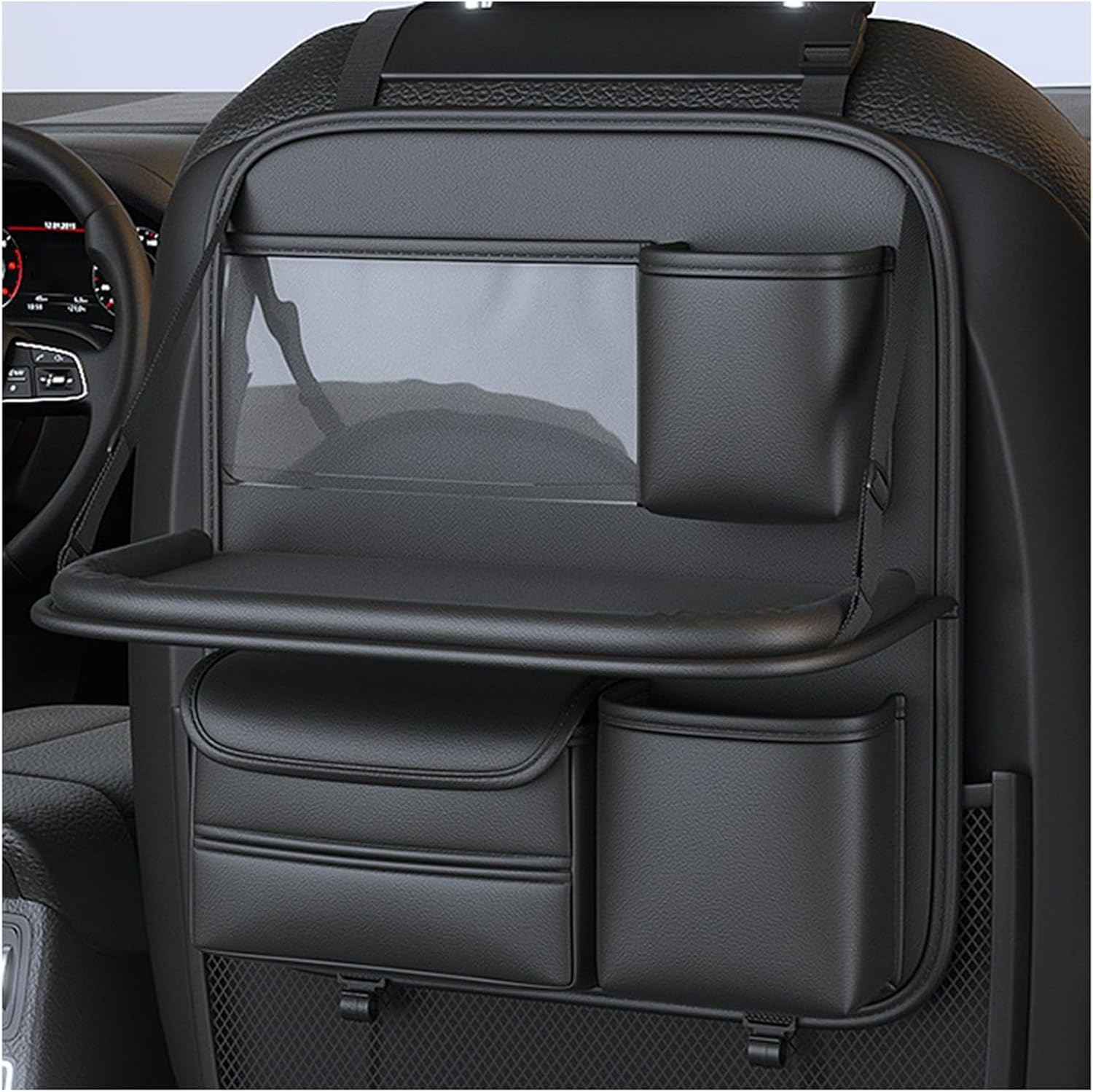 Car Back Seat Organizer with Foldable Tray Table – Premium Leather Car Backseat Organizer with Large Storage Pockets, Cup Holder – Multifunction Car Seat Storage Organizer for Travel (Brown)