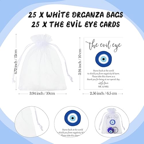 Miniatura 3 de Juego de 25 regalos de boda para invitados, llavero azul de ojo malvado para buena suerte, tarjetas de deseos de boda, bolsas de organza, dije de