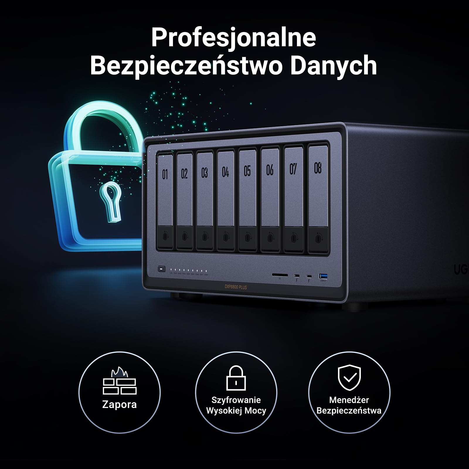 UGREEN NASync DXP8800 Plus 8-bayowy NAS biurkowy procesor Intel i5 1235U 10 rdzeni 8 GB RAM DDR5 SSD 128 GB 2 porty 10 GbE 2 sloty M.2 NVMe HDMI 8K 2 porty TBT4 NAS bez dysków