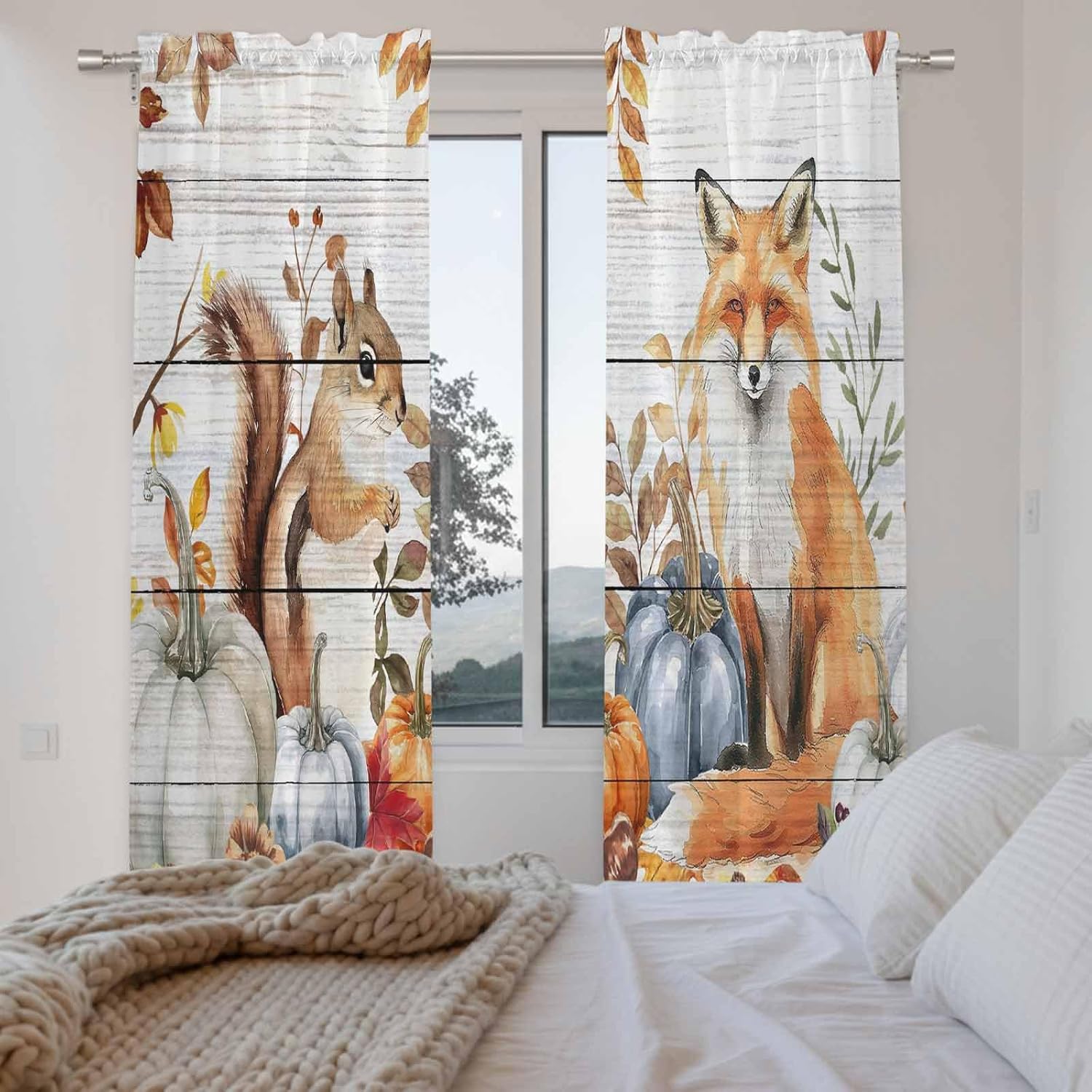 Thanksgiving Window Curtains 72 Inch Long 2 Panel Set, Rod Pocket Long Curtains & Drapes, Squirrel Fox Pumpkin Autumn Eucalyptus Light Filtering Window Treatment for Bedroom Living Room 52"W x 72"L