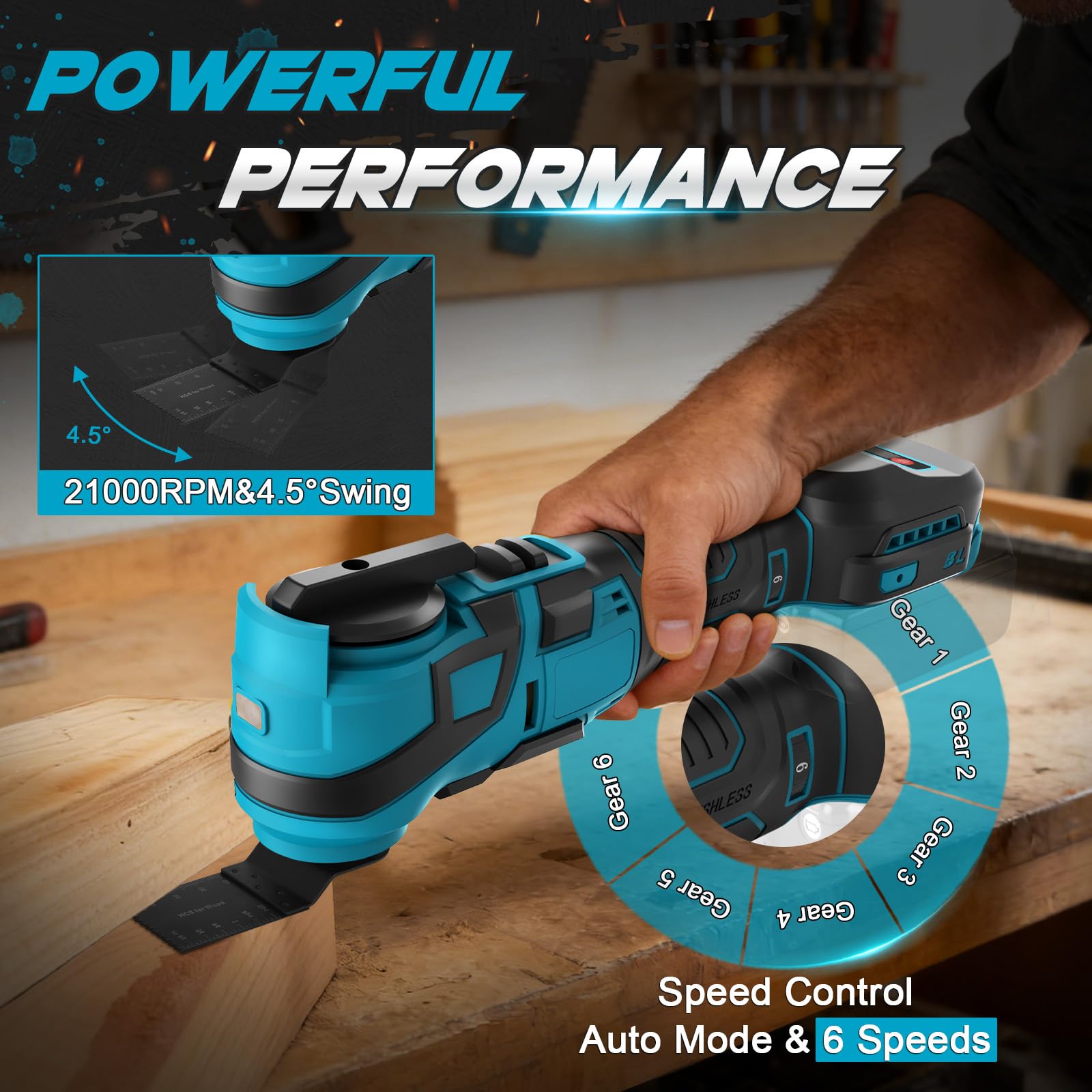 Roadtime Herramienta multifunción con batería para Makita de 18 V baterías (sin batería), herramienta oscilante DIY con 15 accesorios, sin escobillas, 6 velocidades variables, 10000-20000 RPM