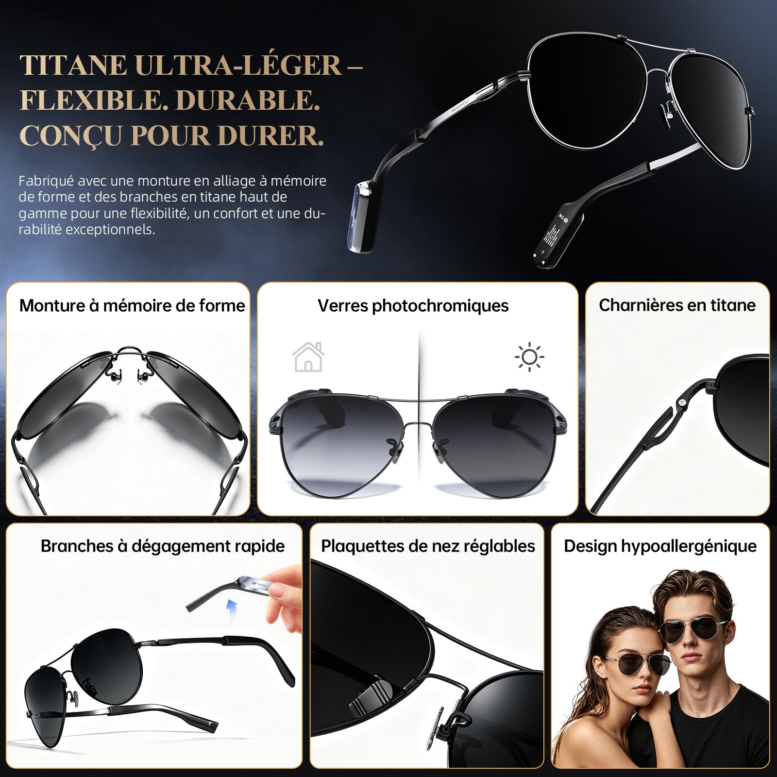 Headwolf AI Audio Glasses, Lightweight Smart Glasses with Bluetooth Audio, AI Translation, Voice Assistant, Titanium Memory Frame, Detachable Design, Charging Case for Travel & Outdoors