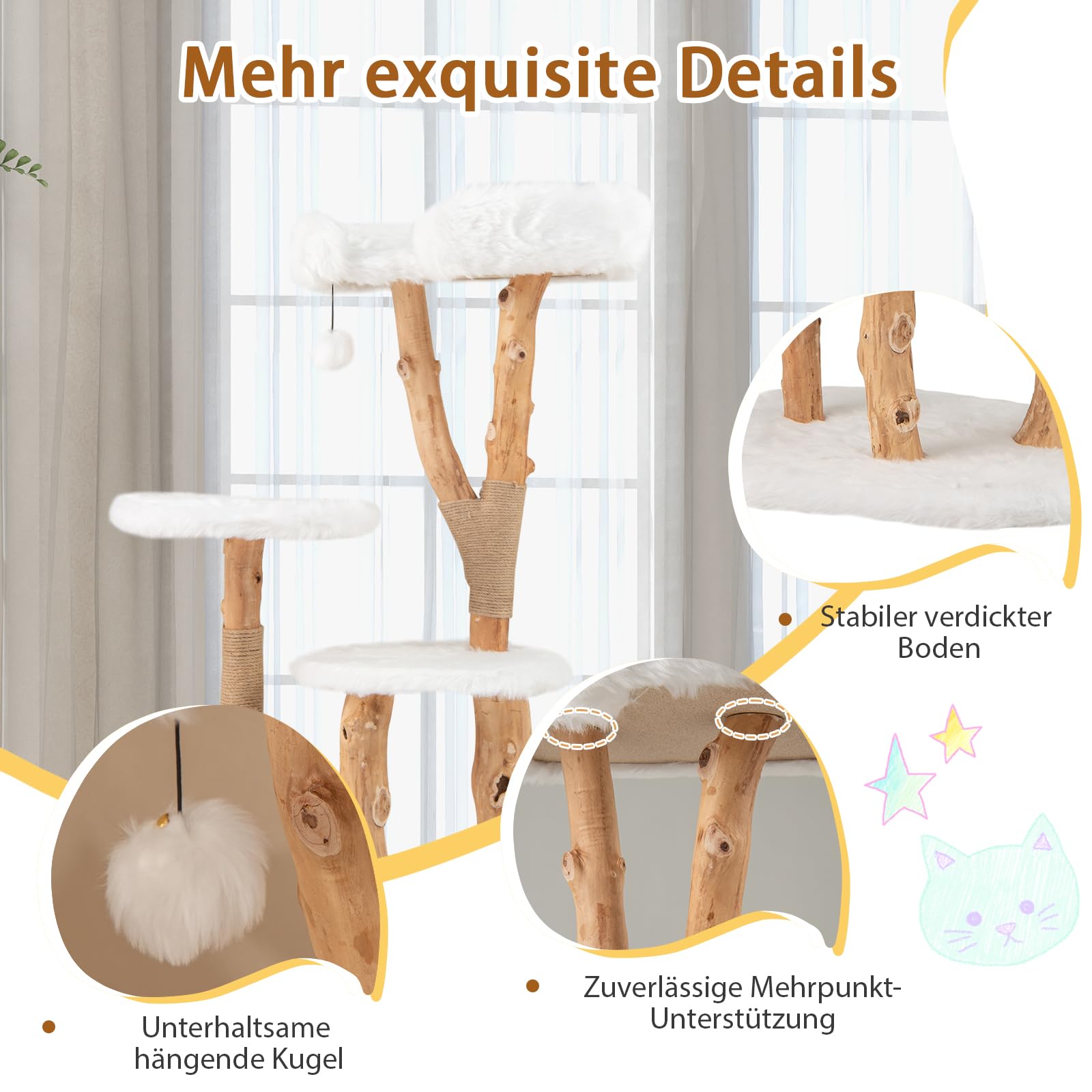 SOARS Rascador de Madera Maciza para Gatos, Árbol para Gatos con 3 Troncos de Peral natural, Cueva para Gatos, cama para gatos, rascador para gatos con pelota de juego, cuerda de yute, 59 x 49 x 110cm