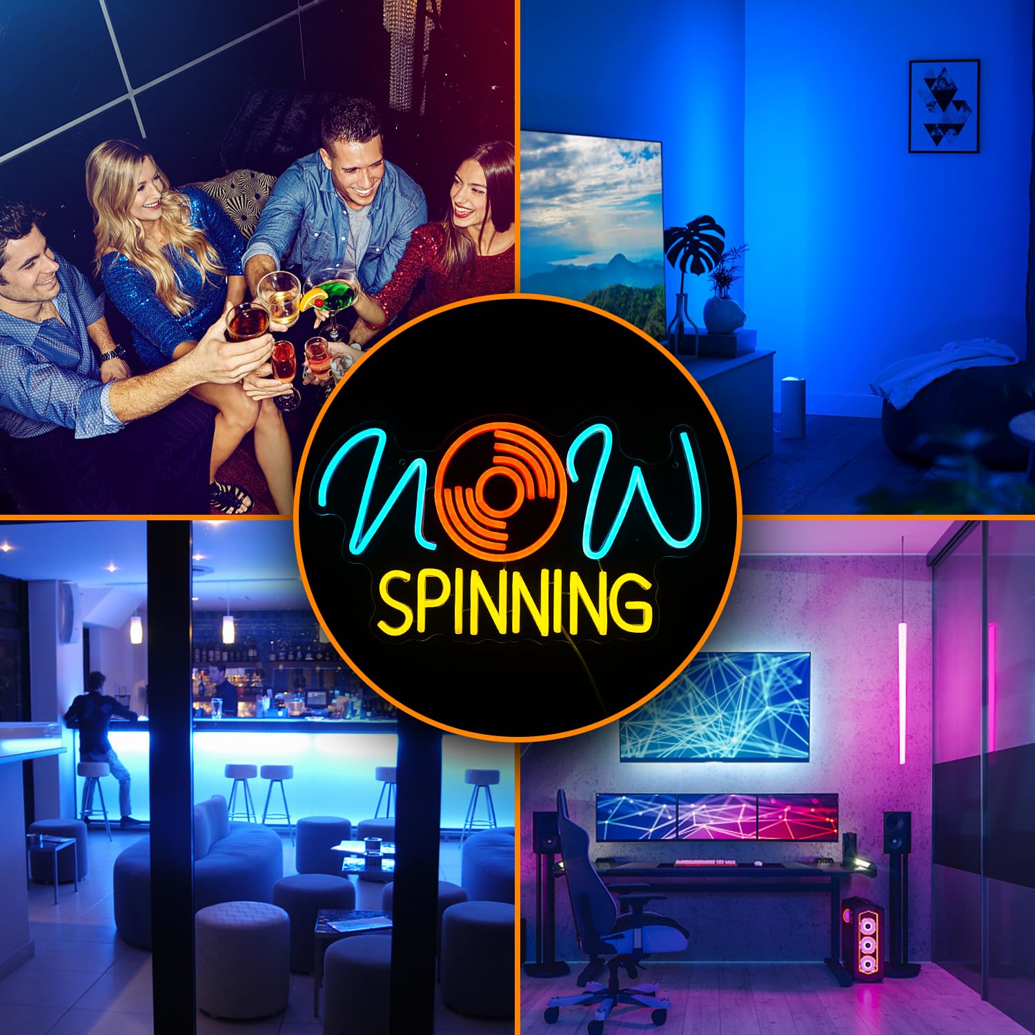 Record Insegna al neon 41 x 40 cm, con musica che gira ora, per decorazione da parete, dimmerabile, luce al neon a LED per bar, sala musicale, studio, camera da letto, decorazione (USB, blu ghiaccio,