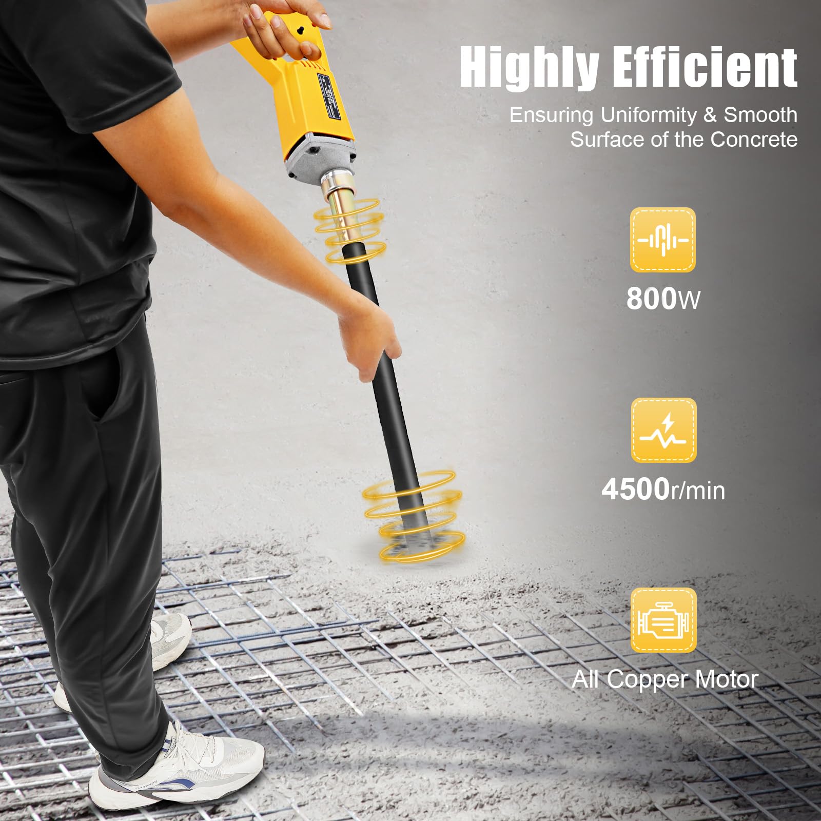 vibratore elettrico per calcestruzzo, 1300 W, con tubo da 2 m, 4500 – 5600 giri/min, per una rapida compattazione del calcestruzzo bagnato, ideale per strade, tunnel case, ponti e cantieri