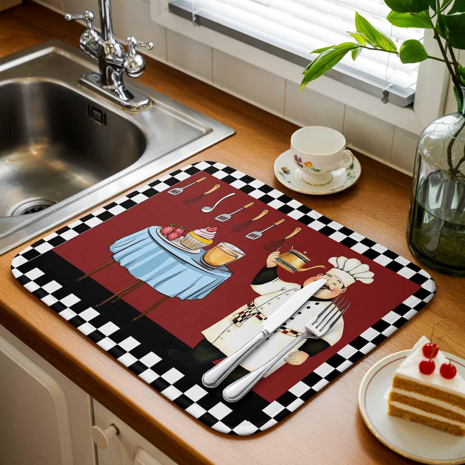 Farmhouse Cartoon Fat Chef Dish Drying Mat for Kitchen Counter, Retro Black White Plaid Baby Bottle Microfiber Drying Pad, Absorbent Coffee Cup Dishes Drainer Mats 18"x24"