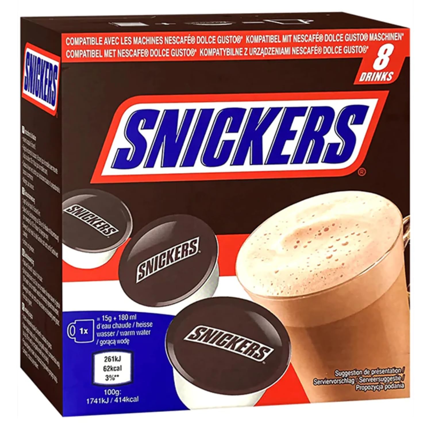 Mar's Snickers Hot Chocolate Dolece Gusto 8 Pods Box 120g Imported