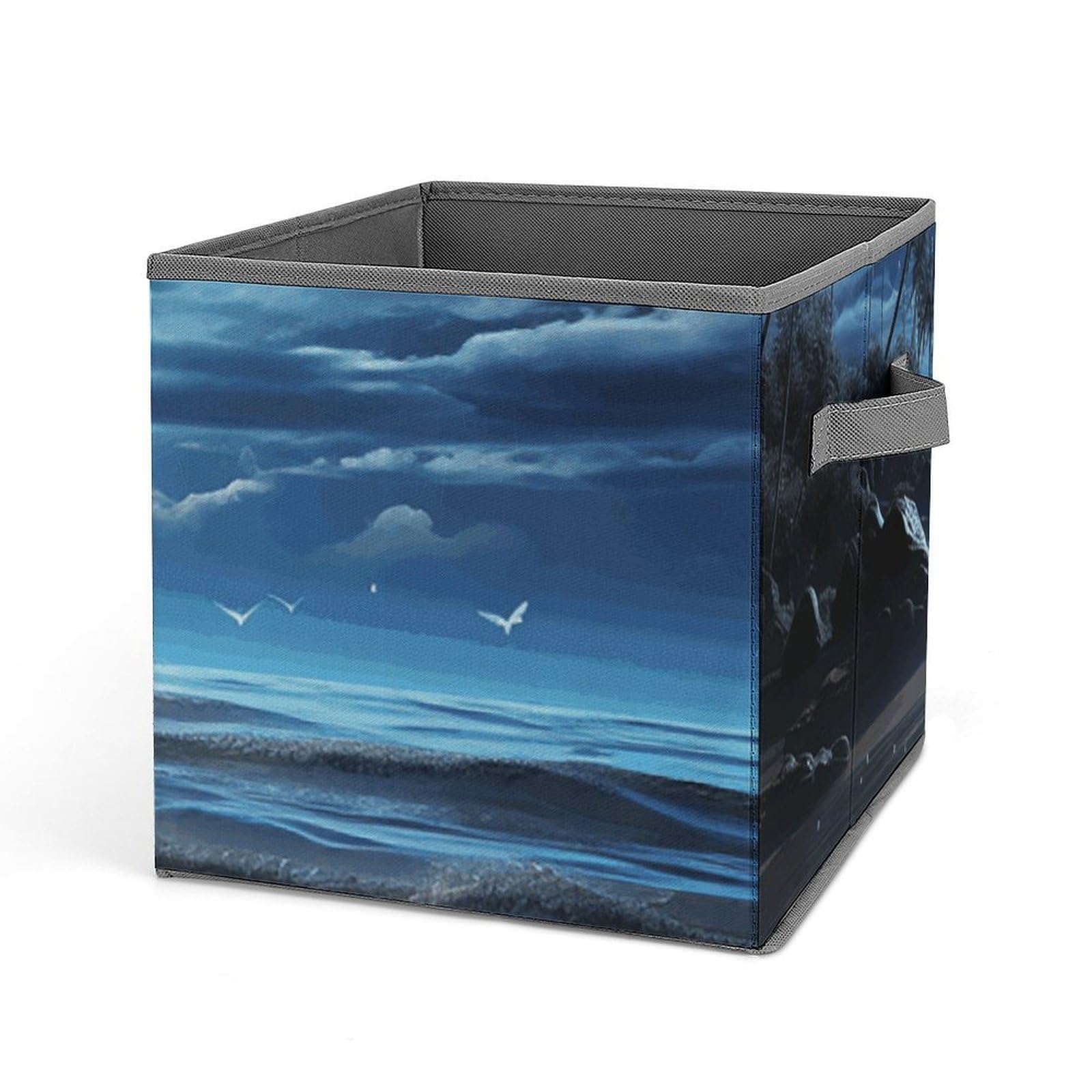 Moon Over Ocean Storage Baskets Collapsible, Exquisite Pattern Cube Box, Canvas Fabric Storage Bins with Handles, Clothe Organizer Box for Home Decorative Office Bedroom