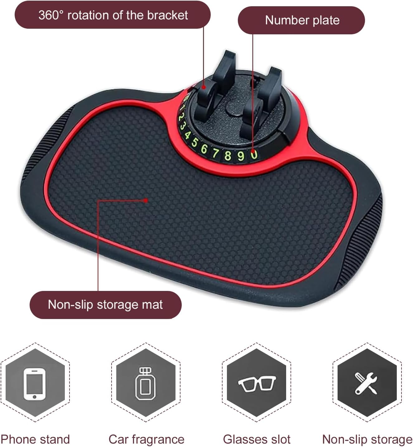 Car Phone Holder with Anti-slip Mat, Multifunction Dashboard Pad for Keys Sunglasses, Rotatable Phone Holder & Temporary Parking Number, Interior Organizer for Most Vehicles (Black & Red)