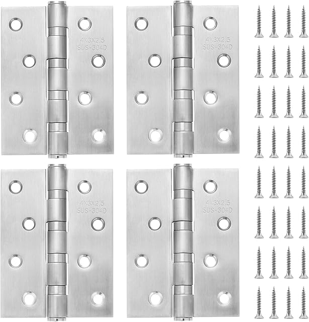SHEENO 4 Pcs Stainless Steel Door Hinge,4Inch Door Hinge Fitting, 4-Way Steel Ball Hinges,Ball Bearing Door Hinges with Screws Thickness 2.5 mm